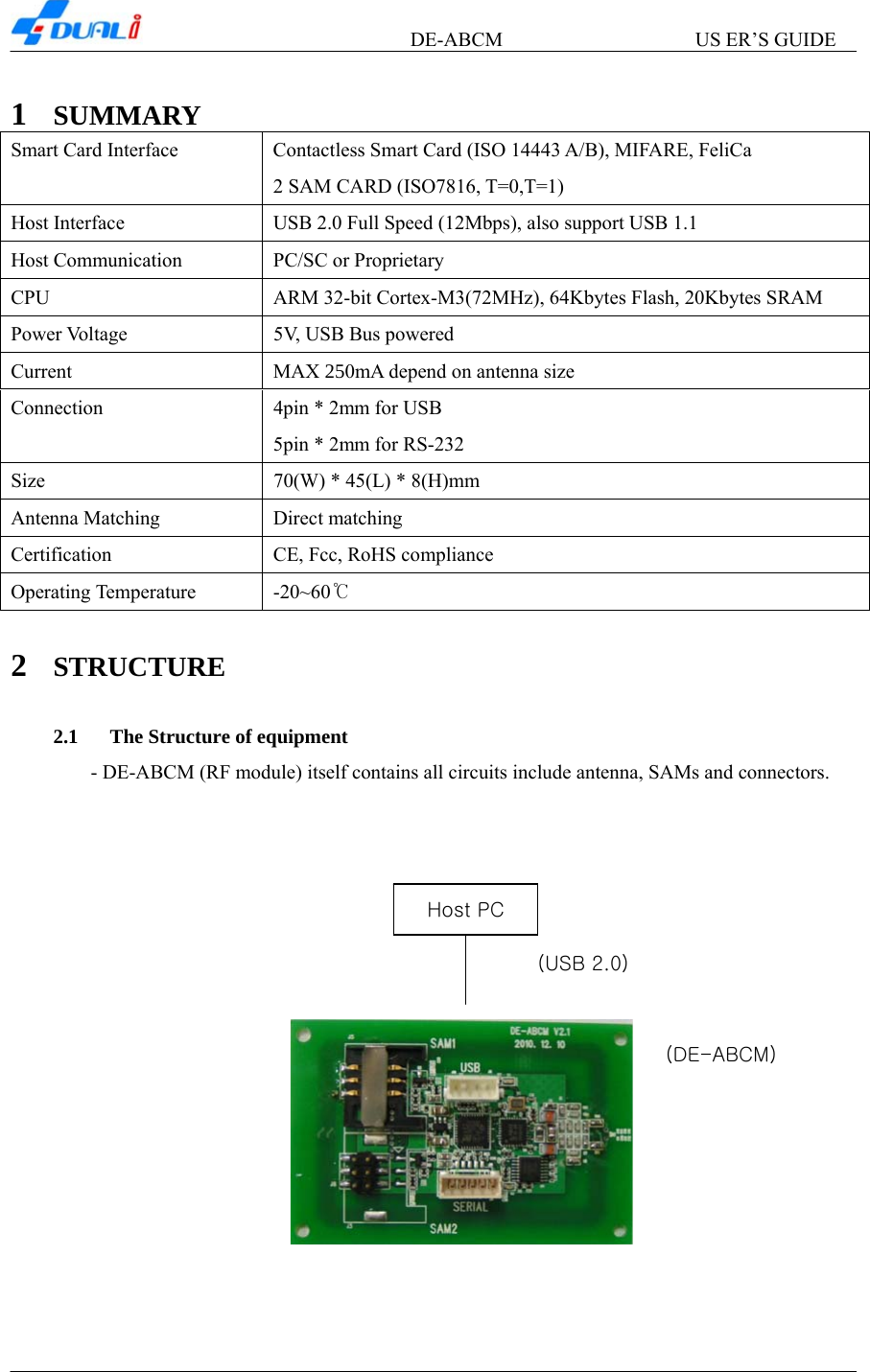       DE-ABCM          US ER’S GUIDE   1 SUMMARY Smart Card Interface  Contactless Smart Card (ISO 14443 A/B), MIFARE, FeliCa 2 SAM CARD (ISO7816, T=0,T=1) Host Interface  USB 2.0 Full Speed (12Mbps), also support USB 1.1 Host Communication  PC/SC or Proprietary CPU  ARM 32-bit Cortex-M3(72MHz), 64Kbytes Flash, 20Kbytes SRAM Power Voltage  5V, USB Bus powered Current  MAX 250mA depend on antenna size Connection    4pin * 2mm for USB 5pin * 2mm for RS-232 Size  70(W) * 45(L) * 8(H)mm Antenna Matching  Direct matching Certification  CE, Fcc, RoHS compliance Operating Temperature  -20~60℃  2 STRUCTURE  2.1 The Structure of equipment - DE-ABCM (RF module) itself contains all circuits include antenna, SAMs and connectors.      (USB 2.0)Host PC     (DE-ABCM)      