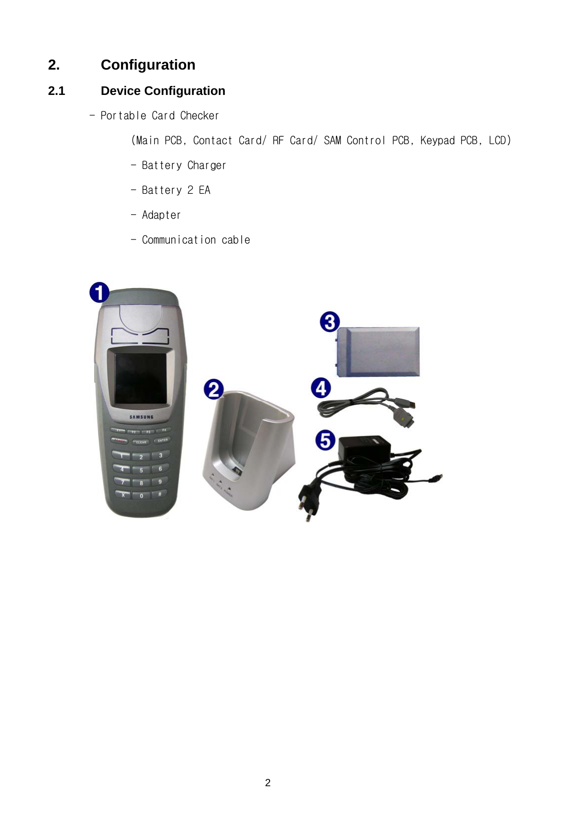 2. Configuration  2    2.1 Device Configuration - Portable Card Checker (Main PCB, Contact Card/ RF Card/ SAM Control PCB, Keypad PCB, LCD)   - Battery Charger    - Battery 2 EA   - Adapter   - Communication cable   