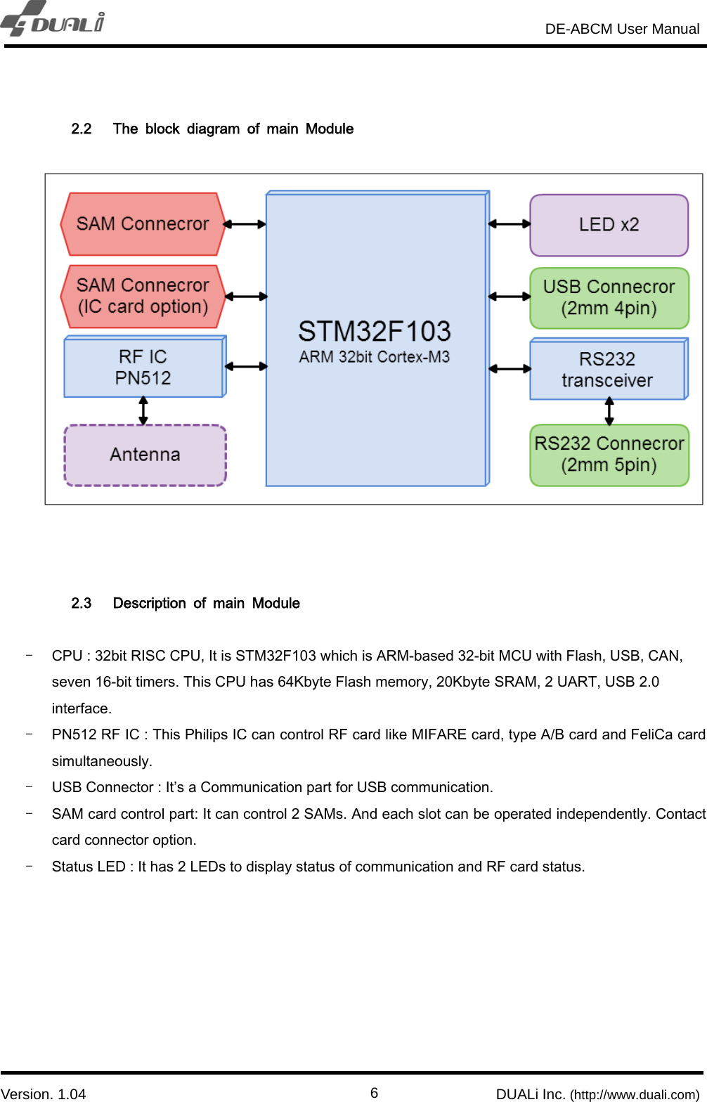                                                                       DE-ABCM User Manual                            Version. 1.04                                                        DUALi Inc. (http://www.duali.com)  6 2.2 The  block  diagram  of  main  Module        2.3 Description  of  main  Module    - CPU : 32bit RISC CPU, It is STM32F103 which is ARM-based 32-bit MCU with Flash, USB, CAN, seven 16-bit timers. This CPU has 64Kbyte Flash memory, 20Kbyte SRAM, 2 UART, USB 2.0 interface. - PN512 RF IC : This Philips IC can control RF card like MIFARE card, type A/B card and FeliCa card simultaneously.   - USB Connector : It’s a Communication part for USB communication.   - SAM card control part: It can control 2 SAMs. And each slot can be operated independently. Contact card connector option. - Status LED : It has 2 LEDs to display status of communication and RF card status. 