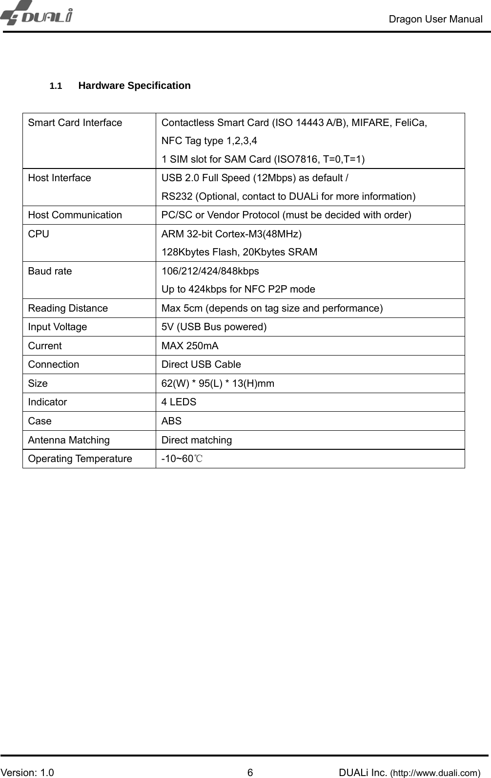                                                                         Dragon User Manual        Version: 1.0                                                        DUALi Inc. (http://www.duali.com) 6 1.1  Hardware Specification  Smart Card Interface  Contactless Smart Card (ISO 14443 A/B), MIFARE, FeliCa,   NFC Tag type 1,2,3,4 1 SIM slot for SAM Card (ISO7816, T=0,T=1) Host Interface  USB 2.0 Full Speed (12Mbps) as default /   RS232 (Optional, contact to DUALi for more information) Host Communication  PC/SC or Vendor Protocol (must be decided with order) CPU  ARM 32-bit Cortex-M3(48MHz)   128Kbytes Flash, 20Kbytes SRAM Baud rate  106/212/424/848kbps          Up to 424kbps for NFC P2P mode Reading Distance  Max 5cm (depends on tag size and performance) Input Voltage  5V (USB Bus powered) Current MAX 250mA  Connection    Direct USB Cable Size  62(W) * 95(L) * 13(H)mm Indicator 4 LEDS Case ABS Antenna Matching  Direct matching Operating Temperature  -10~60℃                