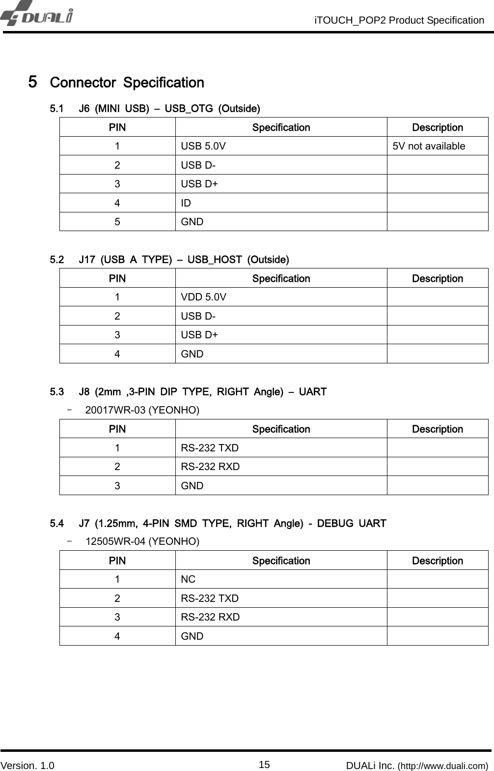                                                          iTOUCH_POP2 Product Specification                          `  Version. 1.0                                                         DUALi Inc. (http://www.duali.com)  155 Connector  Specification 5.1 J6  (MINI  USB)  –  USB_OTG  (Outside) PIN  Specification  Description 1  USB 5.0V  5V not available 2  USB D-  3  USB D+   4  ID   5  GND    5.2 J17  (USB  A  TYPE)  –  USB_HOST  (Outside) PIN  Specification  Description 1  VDD 5.0V   2  USB D-  3  USB D+   4  GND    5.3 J8 (2mm ,3-PIN DIP TYPE, RIGHT Angle) – UART - 20017WR-03 (YEONHO) PIN  Specification  Description 1  RS-232 TXD   2  RS-232 RXD   3  GND    5.4 J7 (1.25mm, 4-PIN SMD TYPE, RIGHT Angle) - DEBUG UART - 12505WR-04 (YEONHO) PIN  Specification  Description 1  NC   2  RS-232 TXD   3  RS-232 RXD   4  GND        