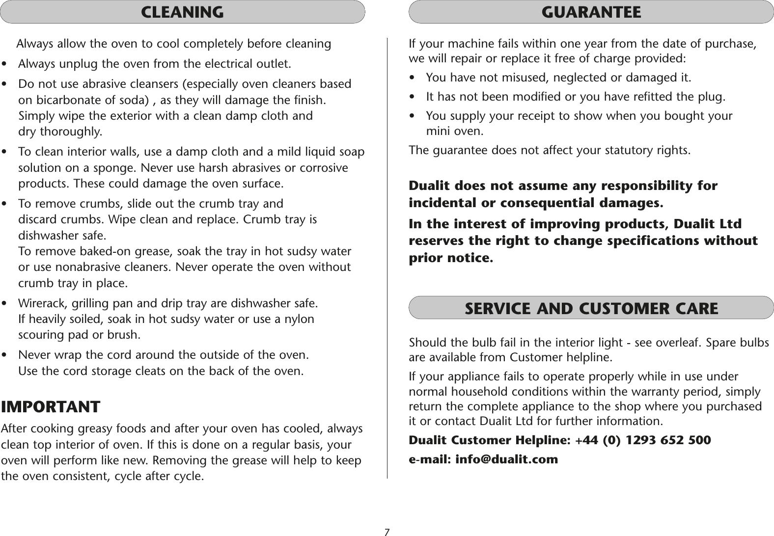 Page 7 of 8 - Dualit Dualit-Mini-Oven-Uk-06-05-Users-Manual- DualitLeaflet0905v2  Dualit-mini-oven-uk-06-05-users-manual