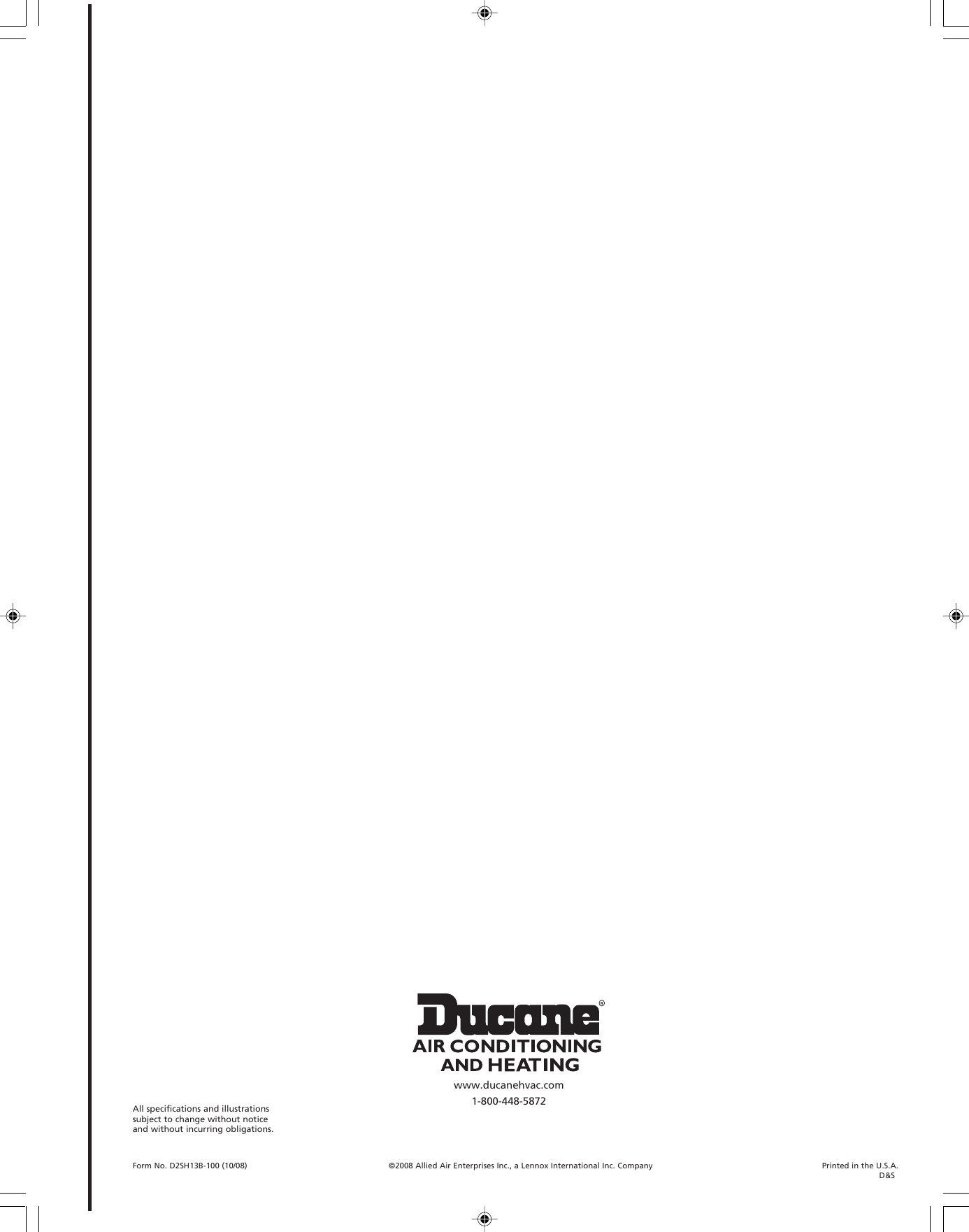 Page 8 of 8 - Ducane-Hvac Ducane-Hvac-2Sh13B-Users-Manual- D2sh13-100.pmd  Ducane-hvac-2sh13b-users-manual