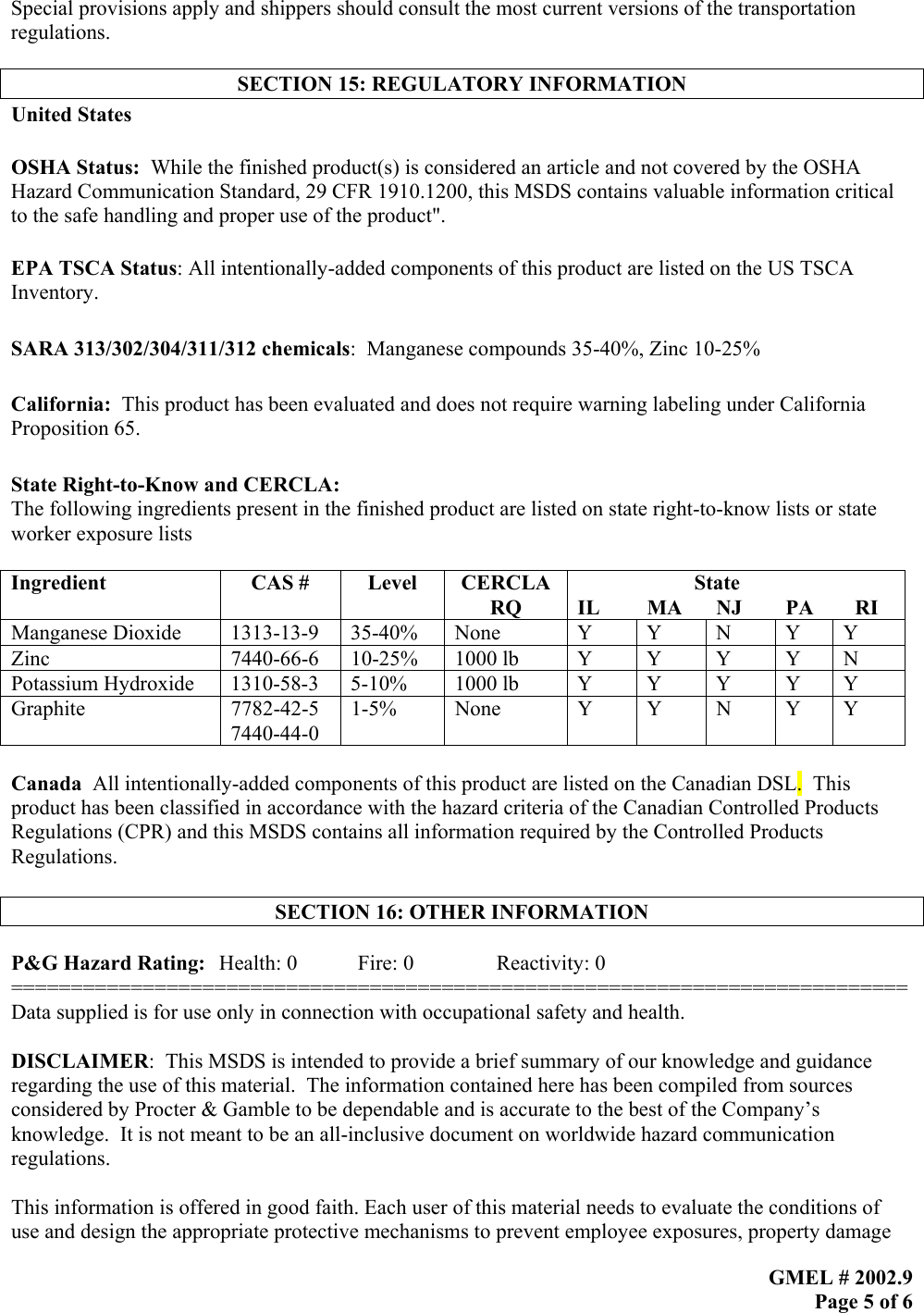 Page 5 of 6 - Duracell Duracell-Mn-9100-Users-Manual MSDS-2002 9 _3_