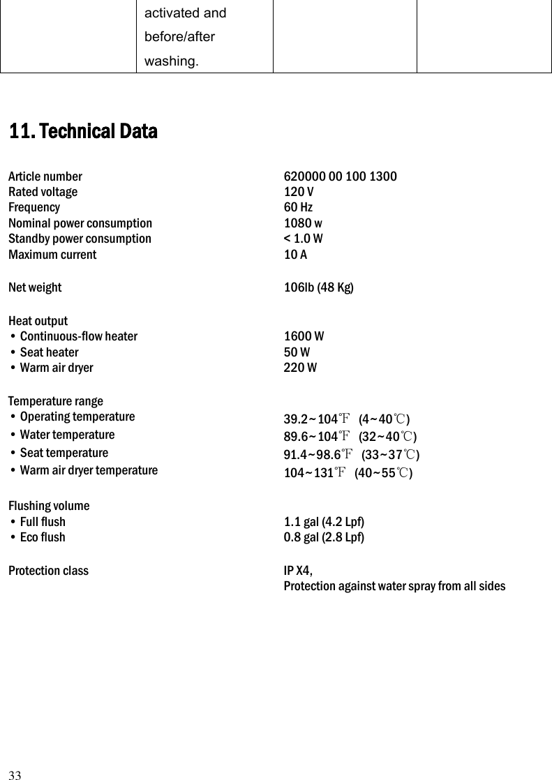 33 activated and before/after washing.    11. Technical Data  Article number 620000 00 100 1300 Rated voltage 120 V Frequency 60 Hz Nominal power consumption   1080 w Standby power consumption < 1.0 W Maximum current 10 A  Net weight 106lb (48 Kg)  Heat output  &bull; Continuous-flow heater 1600 W &bull; Seat heater 50 W &bull; Warm air dryer 220 W  Temperature range  &bull; Operating temperature 39.2~104℉  (4~40℃) &bull; Water temperature 89.6~104℉  (32~40℃) &bull; Seat temperature 91.4~98.6℉  (33~37℃) &bull; Warm air dryer temperature 104~131℉  (40~55℃)  Flushing volume  &bull; Full flush 1.1 gal (4.2 Lpf) &bull; Eco flush 0.8 gal (2.8 Lpf)  Protection class IP X4, Protection against water spray from all sides  