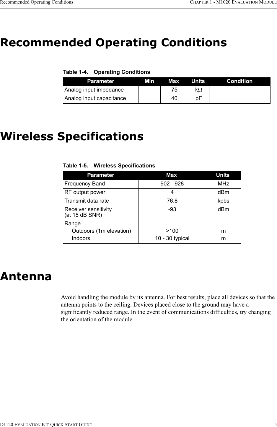 Recommended Operating Conditions CHAPTER 1 - M1020 EVALUATION MODULED1120 EVALUATION KIT QUICK START GUIDE 5Recommended Operating ConditionsWireless SpecificationsAntennaAvoid handling the module by its antenna. For best results, place all devices so that the antenna points to the ceiling. Devices placed close to the ground may have a significantly reduced range. In the event of communications difficulties, try changing the orientation of the module.Table 1-4. Operating ConditionsParameter Min Max Units ConditionAnalog input impedance 75 kΩAnalog input capacitance 40 pFTable 1-5. Wireless SpecificationsParameter Max UnitsFrequency Band 902 - 928 MHzRF output power 4 dBmTransmit data rate 76.8 kpbsReceiver sensitivity(at 15 dB SNR)-93 dBmRangeOutdoors (1m elevation)Indoors&gt;10010 - 30 typicalmm