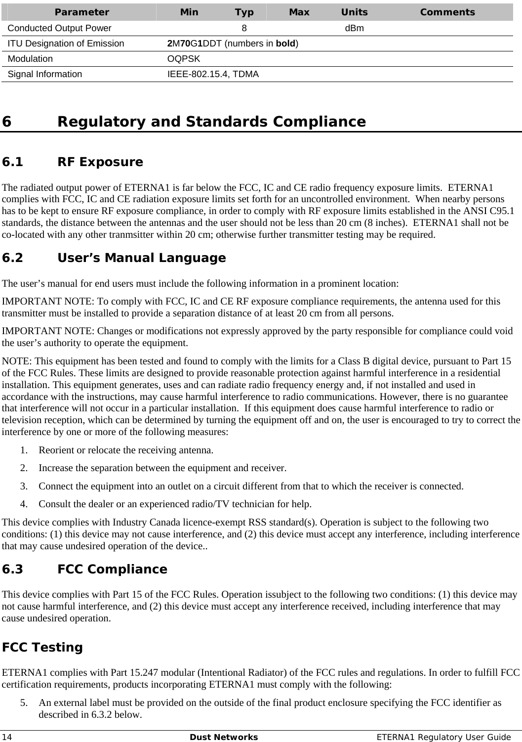     14  Dust Networks  ETERNA1 Regulatory User Guide Parameter  Min  Typ  Max  Units  Comments Conducted Output Power    8    dBm   ITU Designation of Emission  2M70G1DDT (numbers in bold) Modulation OQPSK Signal Information  IEEE-802.15.4, TDMA  6 Regulatory and Standards Compliance 6.1 RF Exposure The radiated output power of ETERNA1 is far below the FCC, IC and CE radio frequency exposure limits.  ETERNA1 complies with FCC, IC and CE radiation exposure limits set forth for an uncontrolled environment.  When nearby persons has to be kept to ensure RF exposure compliance, in order to comply with RF exposure limits established in the ANSI C95.1 standards, the distance between the antennas and the user should not be less than 20 cm (8 inches).  ETERNA1 shall not be co-located with any other tranmsitter within 20 cm; otherwise further transmitter testing may be required. 6.2 User’s Manual Language The user’s manual for end users must include the following information in a prominent location: IMPORTANT NOTE: To comply with FCC, IC and CE RF exposure compliance requirements, the antenna used for this transmitter must be installed to provide a separation distance of at least 20 cm from all persons. IMPORTANT NOTE: Changes or modifications not expressly approved by the party responsible for compliance could void the user’s authority to operate the equipment. NOTE: This equipment has been tested and found to comply with the limits for a Class B digital device, pursuant to Part 15 of the FCC Rules. These limits are designed to provide reasonable protection against harmful interference in a residential installation. This equipment generates, uses and can radiate radio frequency energy and, if not installed and used in accordance with the instructions, may cause harmful interference to radio communications. However, there is no guarantee that interference will not occur in a particular installation.  If this equipment does cause harmful interference to radio or television reception, which can be determined by turning the equipment off and on, the user is encouraged to try to correct the interference by one or more of the following measures: 1. Reorient or relocate the receiving antenna. 2. Increase the separation between the equipment and receiver. 3. Connect the equipment into an outlet on a circuit different from that to which the receiver is connected. 4. Consult the dealer or an experienced radio/TV technician for help. This device complies with Industry Canada licence-exempt RSS standard(s). Operation is subject to the following two conditions: (1) this device may not cause interference, and (2) this device must accept any interference, including interference that may cause undesired operation of the device.. 6.3 FCC Compliance This device complies with Part 15 of the FCC Rules. Operation issubject to the following two conditions: (1) this device may not cause harmful interference, and (2) this device must accept any interference received, including interference that may cause undesired operation. FCC Testing ETERNA1 complies with Part 15.247 modular (Intentional Radiator) of the FCC rules and regulations. In order to fulfill FCC certification requirements, products incorporating ETERNA1 must comply with the following: 5. An external label must be provided on the outside of the final product enclosure specifying the FCC identifier as described in 6.3.2 below. 