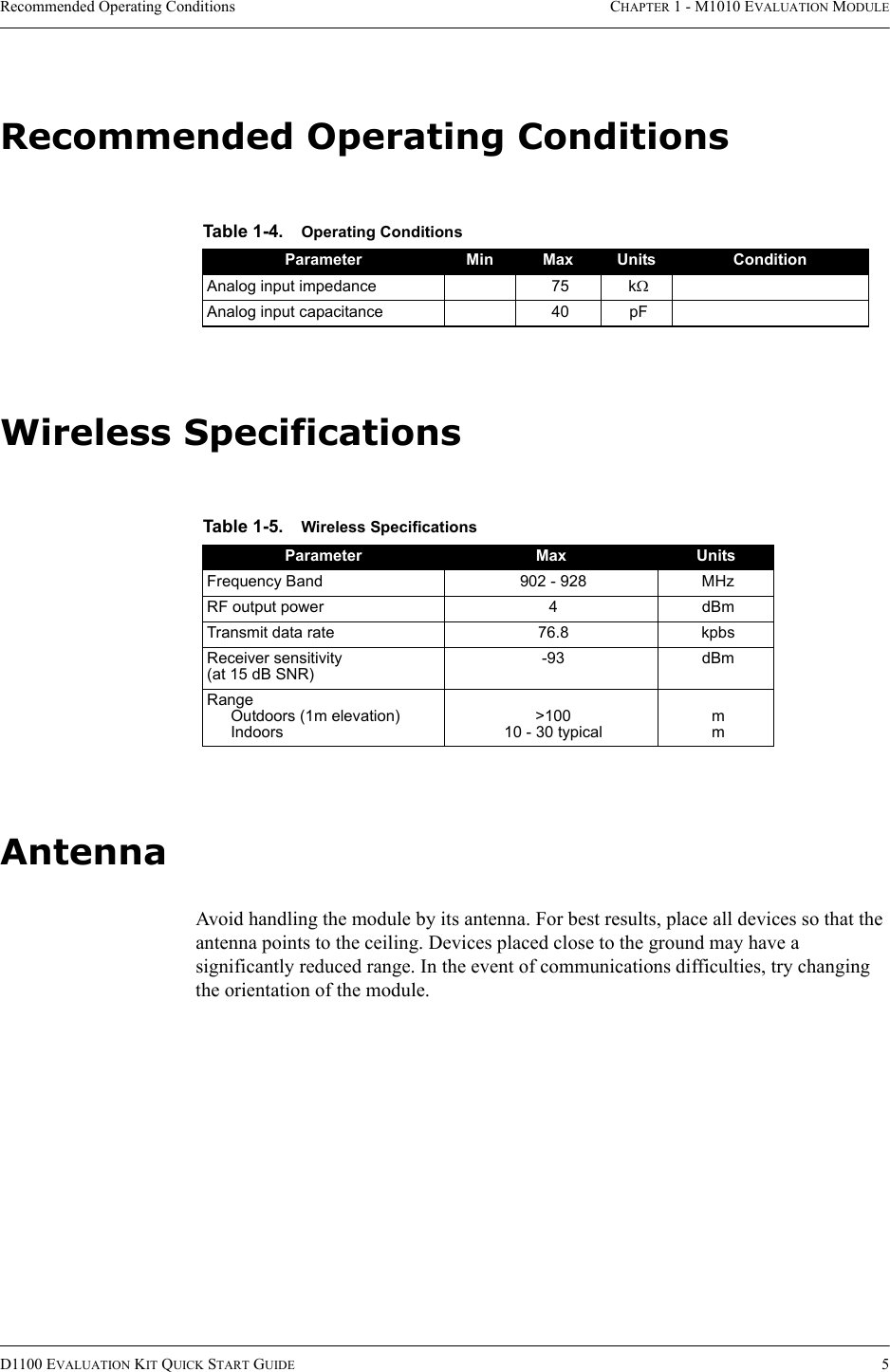 Recommended Operating Conditions CHAPTER 1 - M1010 EVALUATION MODULED1100 EVALUATION KIT QUICK START GUIDE 5Recommended Operating ConditionsWireless SpecificationsAntennaAvoid handling the module by its antenna. For best results, place all devices so that the antenna points to the ceiling. Devices placed close to the ground may have a significantly reduced range. In the event of communications difficulties, try changing the orientation of the module.Table 1-4. Operating ConditionsParameter Min Max Units ConditionAnalog input impedance 75 kΩAnalog input capacitance 40 pFTable 1-5. Wireless SpecificationsParameter Max UnitsFrequency Band 902 - 928 MHzRF output power 4 dBmTransmit data rate 76.8 kpbsReceiver sensitivity(at 15 dB SNR)-93 dBmRangeOutdoors (1m elevation)Indoors&gt;10010 - 30 typicalmm