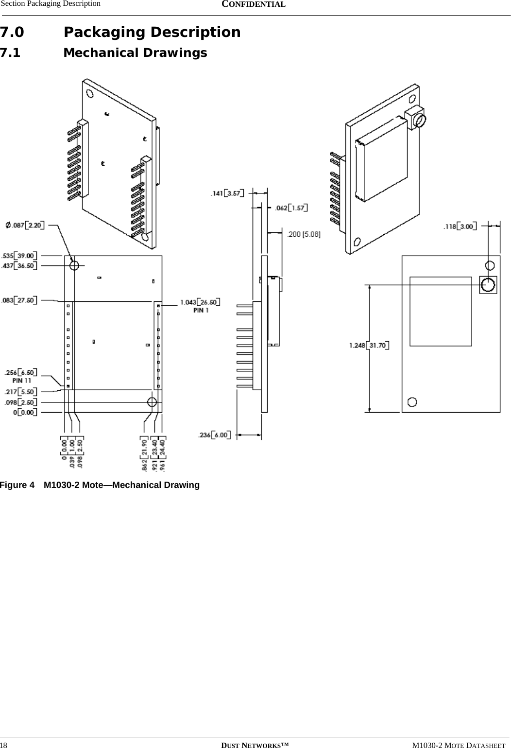 Section Packaging Description18 DUST NETWORKS™M1030-2 MOTE DATASHEETCONFIDENTIAL7.0 Packaging Description7.1 Mechanical DrawingsFigure 4 M1030-2 Mote—Mechanical Drawing