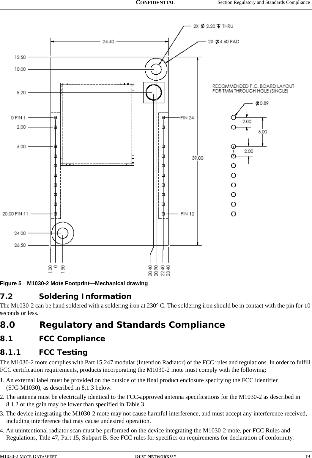  Section Regulatory and Standards ComplianceM1030-2 MOTE DATASHEET DUST NETWORKS™19CONFIDENTIALFigure 5 M1030-2 Mote Footprint—Mechanical drawing7.2 Soldering InformationThe M1030-2 can be hand soldered with a soldering iron at 230° C. The soldering iron should be in contact with the pin for 10 seconds or less.8.0 Regulatory and Standards Compliance8.1 FCC Compliance8.1.1 FCC TestingThe M1030-2 mote complies with Part 15.247 modular (Intention Radiator) of the FCC rules and regulations. In order to fulfill FCC certification requirements, products incorporating the M1030-2 mote must comply with the following:1. An external label must be provided on the outside of the final product enclosure specifying the FCC identifier  (SJC-M1030), as described in 8.1.3 below.2. The antenna must be electrically identical to the FCC-approved antenna specifications for the M1030-2 as described in  8.1.2 or the gain may be lower than specified in Table 3.3. The device integrating the M1030-2 mote may not cause harmful interference, and must accept any interference received, including interference that may cause undesired operation.4. An unintentional radiator scan must be performed on the device integrating the M1030-2 mote, per FCC Rules and Regulations, Title 47, Part 15, Subpart B. See FCC rules for specifics on requirements for declaration of conformity.