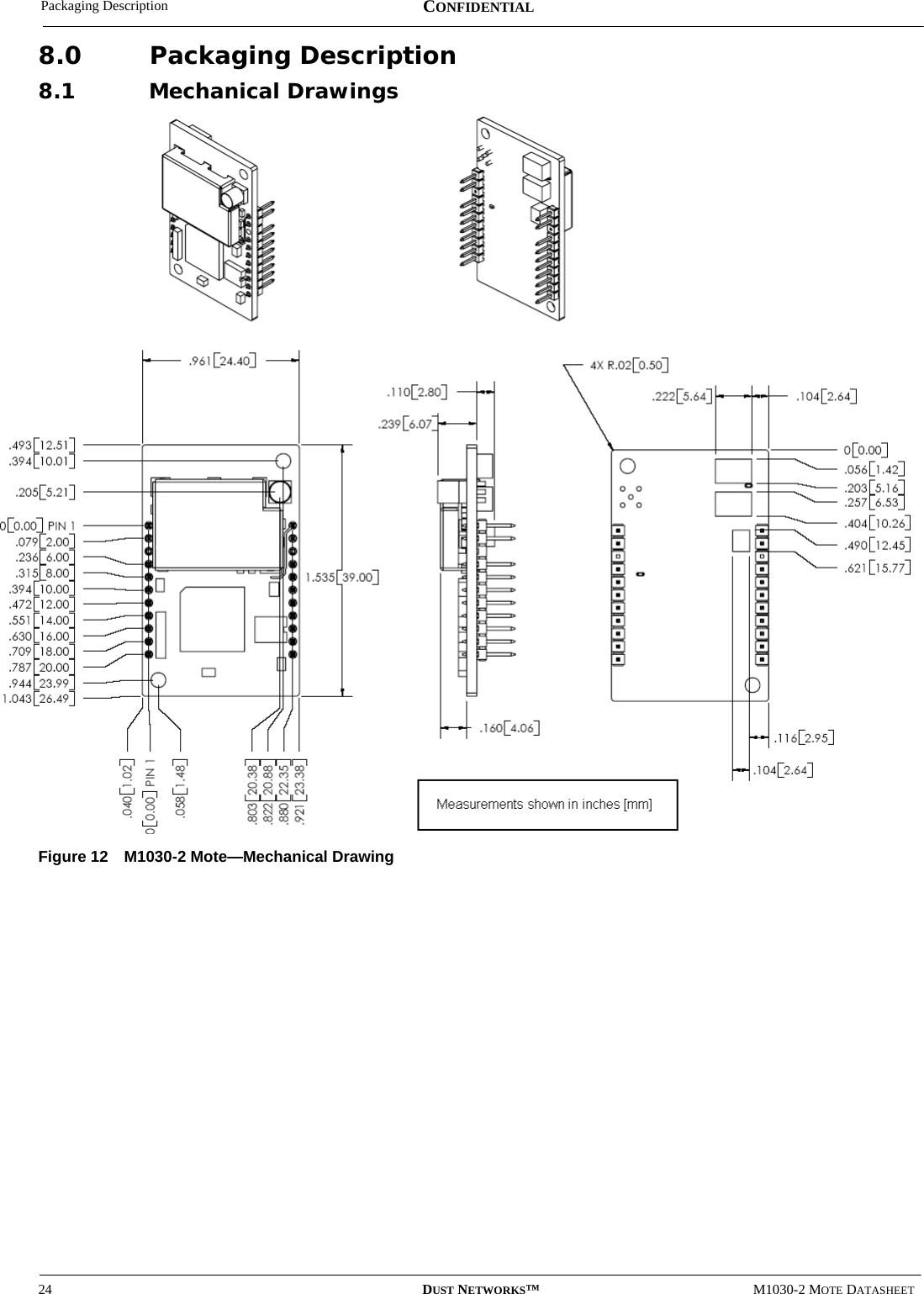 Packaging Description24 DUST NETWORKS™M1030-2 MOTE DATASHEETCONFIDENTIAL8.0 Packaging Description8.1 Mechanical DrawingsFigure 12 M1030-2 Mote—Mechanical Drawing