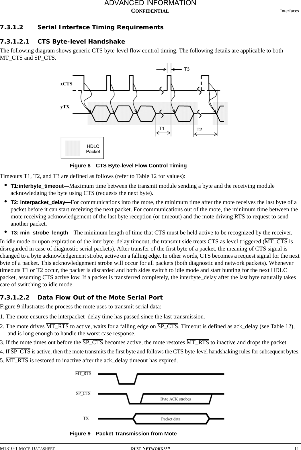  InterfacesM1310-1 MOTE DATASHEET DUST NETWORKS™11CONFIDENTIAL7.3.1.2 Serial Interface Timing Requirements7.3.1.2.1 CTS Byte-level HandshakeThe following diagram shows generic CTS byte-level flow control timing. The following details are applicable to both MT_CTS and SP_CTS.Figure 8  CTS Byte-level Flow Control TimingTimeouts T1, T2, and T3 are defined as follows (refer to Table 12 for values):•T1:interbyte_timeout—Maximum time between the transmit module sending a byte and the receiving module acknowledging the byte using CTS (requests the next byte).•T2: interpacket_delay—For communications into the mote, the minimum time after the mote receives the last byte of a packet before it can start receiving the next packet. For communications out of the mote, the minimum time between the mote receiving acknowledgement of the last byte reception (or timeout) and the mote driving RTS to request to send another packet.•T3: min_strobe_length—The minimum length of time that CTS must be held active to be recognized by the receiver.In idle mode or upon expiration of the interbyte_delay timeout, the transmit side treats CTS as level triggered (MT_CTS is disregarded in case of diagnostic serial packets). After transfer of the first byte of a packet, the meaning of CTS signal is changed to a byte acknowledgement strobe, active on a falling edge. In other words, CTS becomes a request signal for the next byte of a packet. This acknowledgement strobe will occur for all packets (both diagnostic and network packets). Whenever timeouts T1 or T2 occur, the packet is discarded and both sides switch to idle mode and start hunting for the next HDLC packet, assuming CTS active low. If a packet is transferred completely, the interbyte_delay after the last byte naturally takes care of switching to idle mode.7.3.1.2.2 Data Flow Out of the Mote Serial PortFigure 9 illustrates the process the mote uses to transmit serial data: 1. The mote ensures the interpacket_delay time has passed since the last transmission.2. The mote drives MT_RTS to active, waits for a falling edge on SP_CTS. Timeout is defined as ack_delay (see Table 12), and is long enough to handle the worst case response.3. If the mote times out before the SP_CTS becomes active, the mote restores MT_RTS to inactive and drops the packet.4. If SP_CTS is active, then the mote transmits the first byte and follows the CTS byte-level handshaking rules for subsequent bytes. 5. MT_RTS is restored to inactive after the ack_delay timeout has expired. Figure 9  Packet Transmission from MoteADVANCED INFORMATION