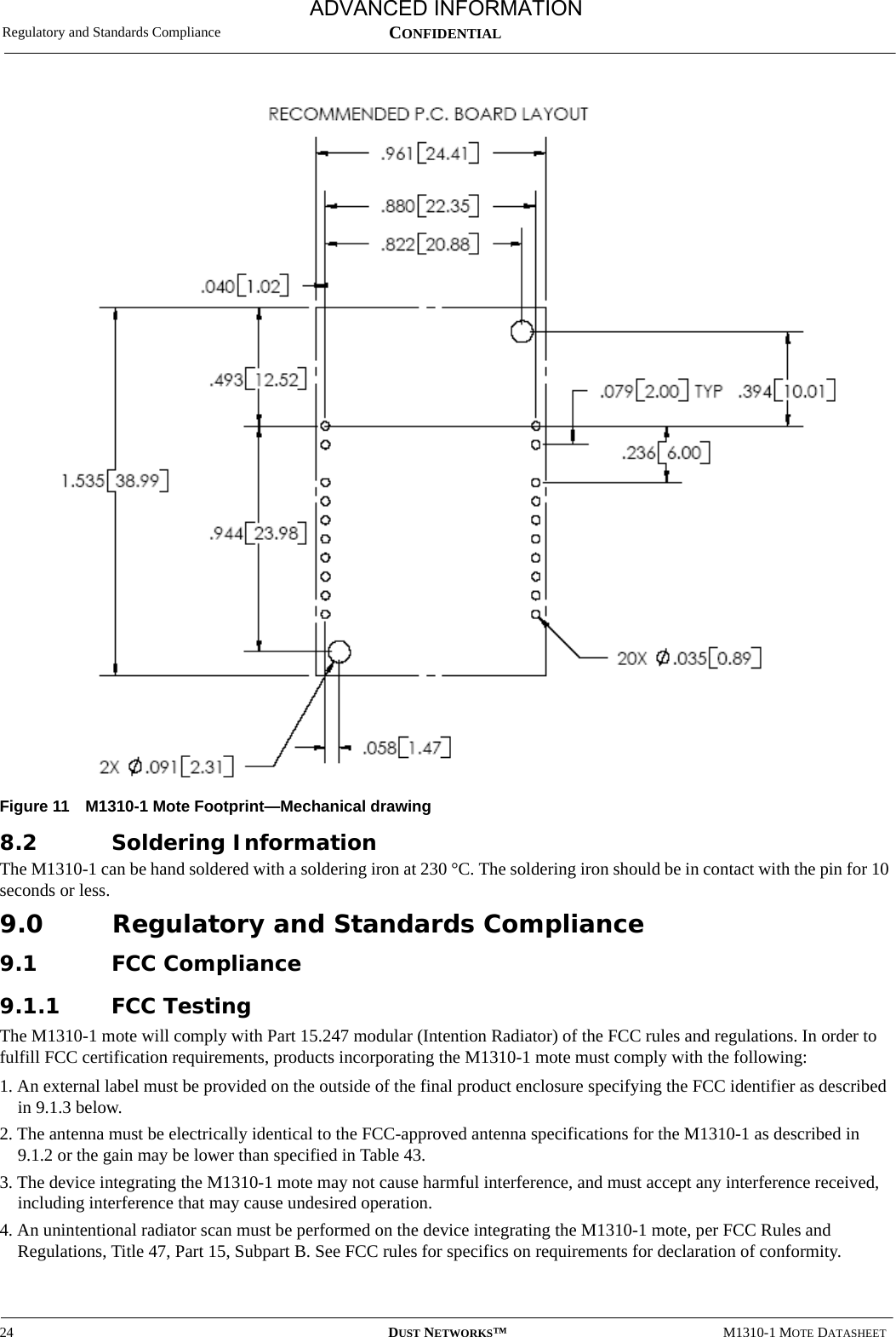 Regulatory and Standards Compliance24 DUST NETWORKS™M1310-1 MOTE DATASHEETCONFIDENTIALFigure 11 M1310-1 Mote Footprint—Mechanical drawing8.2 Soldering InformationThe M1310-1 can be hand soldered with a soldering iron at 230 °C. The soldering iron should be in contact with the pin for 10 seconds or less.9.0 Regulatory and Standards Compliance9.1 FCC Compliance9.1.1 FCC TestingThe M1310-1 mote will comply with Part 15.247 modular (Intention Radiator) of the FCC rules and regulations. In order to fulfill FCC certification requirements, products incorporating the M1310-1 mote must comply with the following:1. An external label must be provided on the outside of the final product enclosure specifying the FCC identifier as described in 9.1.3 below.2. The antenna must be electrically identical to the FCC-approved antenna specifications for the M1310-1 as described in  9.1.2 or the gain may be lower than specified in Table 43.3. The device integrating the M1310-1 mote may not cause harmful interference, and must accept any interference received, including interference that may cause undesired operation.4. An unintentional radiator scan must be performed on the device integrating the M1310-1 mote, per FCC Rules and Regulations, Title 47, Part 15, Subpart B. See FCC rules for specifics on requirements for declaration of conformity.ADVANCED INFORMATION