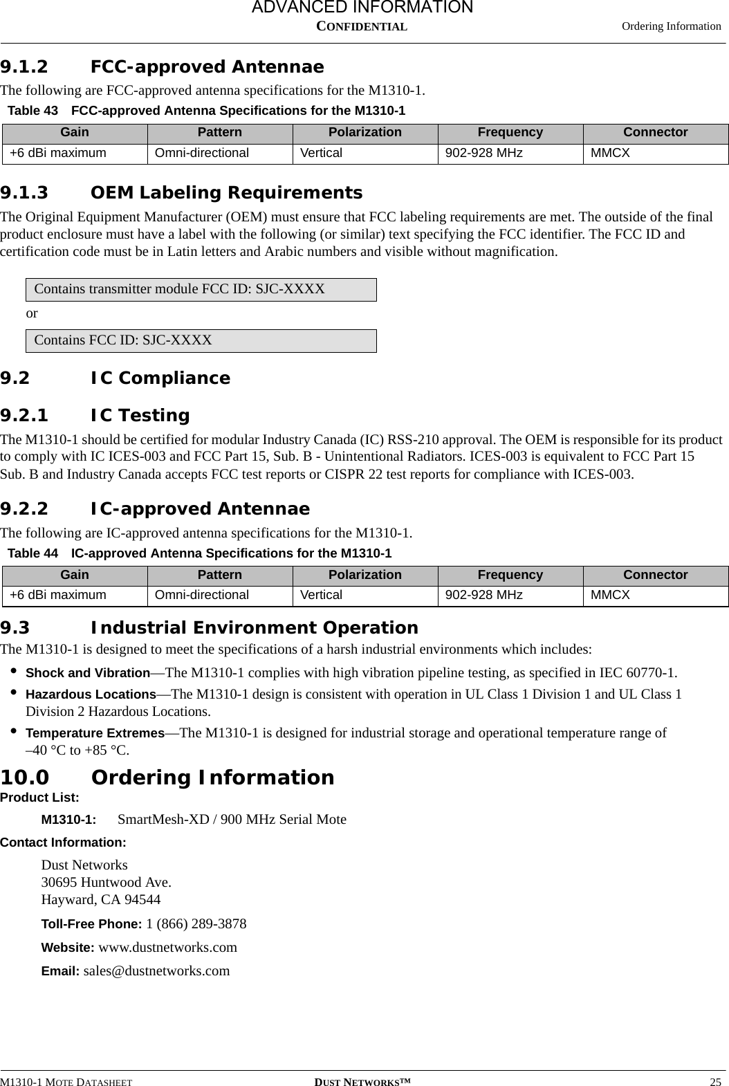  Ordering InformationM1310-1 MOTE DATASHEET DUST NETWORKS™25CONFIDENTIAL9.1.2 FCC-approved AntennaeThe following are FCC-approved antenna specifications for the M1310-1.9.1.3 OEM Labeling RequirementsThe Original Equipment Manufacturer (OEM) must ensure that FCC labeling requirements are met. The outside of the final product enclosure must have a label with the following (or similar) text specifying the FCC identifier. The FCC ID and certification code must be in Latin letters and Arabic numbers and visible without magnification.or9.2 IC Compliance9.2.1 IC TestingThe M1310-1 should be certified for modular Industry Canada (IC) RSS-210 approval. The OEM is responsible for its product to comply with IC ICES-003 and FCC Part 15, Sub. B - Unintentional Radiators. ICES-003 is equivalent to FCC Part 15  Sub. B and Industry Canada accepts FCC test reports or CISPR 22 test reports for compliance with ICES-003. 9.2.2 IC-approved AntennaeThe following are IC-approved antenna specifications for the M1310-1.9.3 Industrial Environment OperationThe M1310-1 is designed to meet the specifications of a harsh industrial environments which includes:•Shock and Vibration—The M1310-1 complies with high vibration pipeline testing, as specified in IEC 60770-1.•Hazardous Locations—The M1310-1 design is consistent with operation in UL Class 1 Division 1 and UL Class 1 Division 2 Hazardous Locations.•Temperature Extremes—The M1310-1 is designed for industrial storage and operational temperature range of  –40 °C to +85 °C.10.0 Ordering InformationProduct List:M1310-1:  SmartMesh-XD / 900 MHz Serial MoteContact Information:Dust Networks 30695 Huntwood Ave. Hayward, CA 94544Toll-Free Phone: 1 (866) 289-3878Website: www.dustnetworks.comEmail: sales@dustnetworks.comTable 43 FCC-approved Antenna Specifications for the M1310-1Gain Pattern Polarization Frequency Connector+6 dBi maximum Omni-directional Vertical 902-928 MHz MMCXContains transmitter module FCC ID: SJC-XXXXContains FCC ID: SJC-XXXXTable 44 IC-approved Antenna Specifications for the M1310-1Gain Pattern Polarization Frequency Connector+6 dBi maximum Omni-directional Vertical 902-928 MHz MMCXADVANCED INFORMATION