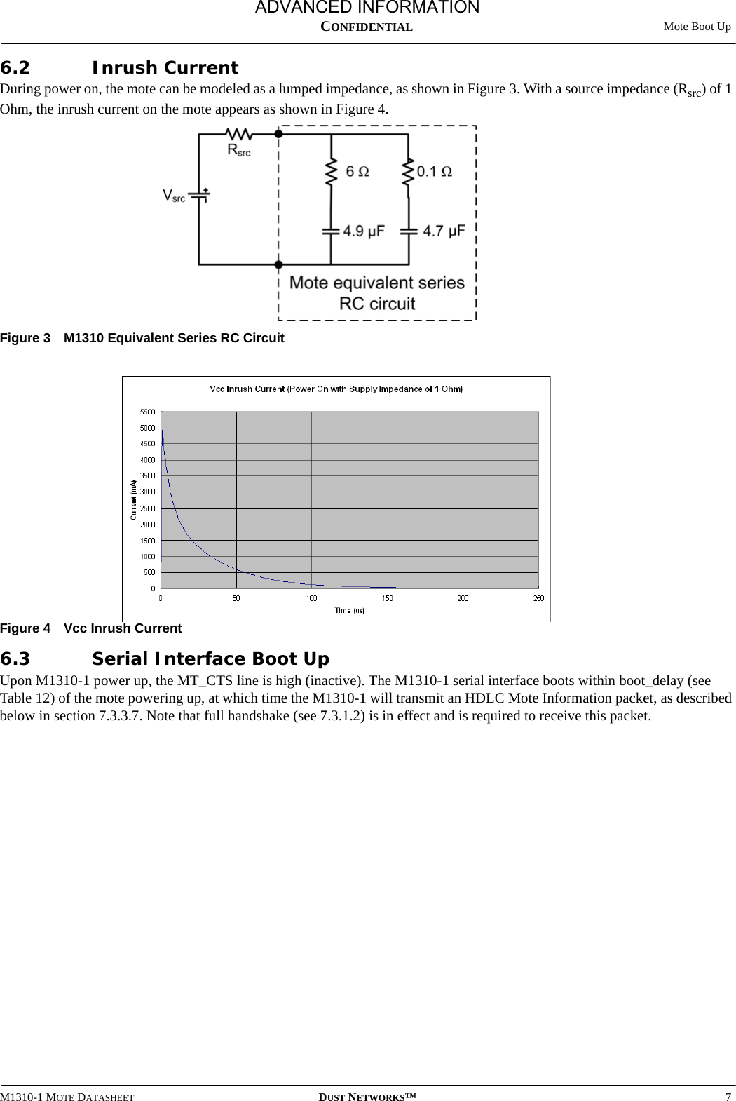  Mote Boot UpM1310-1 MOTE DATASHEET DUST NETWORKS™7CONFIDENTIAL6.2 Inrush CurrentDuring power on, the mote can be modeled as a lumped impedance, as shown in Figure 3. With a source impedance (Rsrc) of 1 Ohm, the inrush current on the mote appears as shown in Figure 4.Figure 3 M1310 Equivalent Series RC CircuitFigure 4 Vcc Inrush Current6.3 Serial Interface Boot UpUpon M1310-1 power up, the MT_CTS line is high (inactive). The M1310-1 serial interface boots within boot_delay (see Table 12) of the mote powering up, at which time the M1310-1 will transmit an HDLC Mote Information packet, as described below in section 7.3.3.7. Note that full handshake (see 7.3.1.2) is in effect and is required to receive this packet.ADVANCED INFORMATION