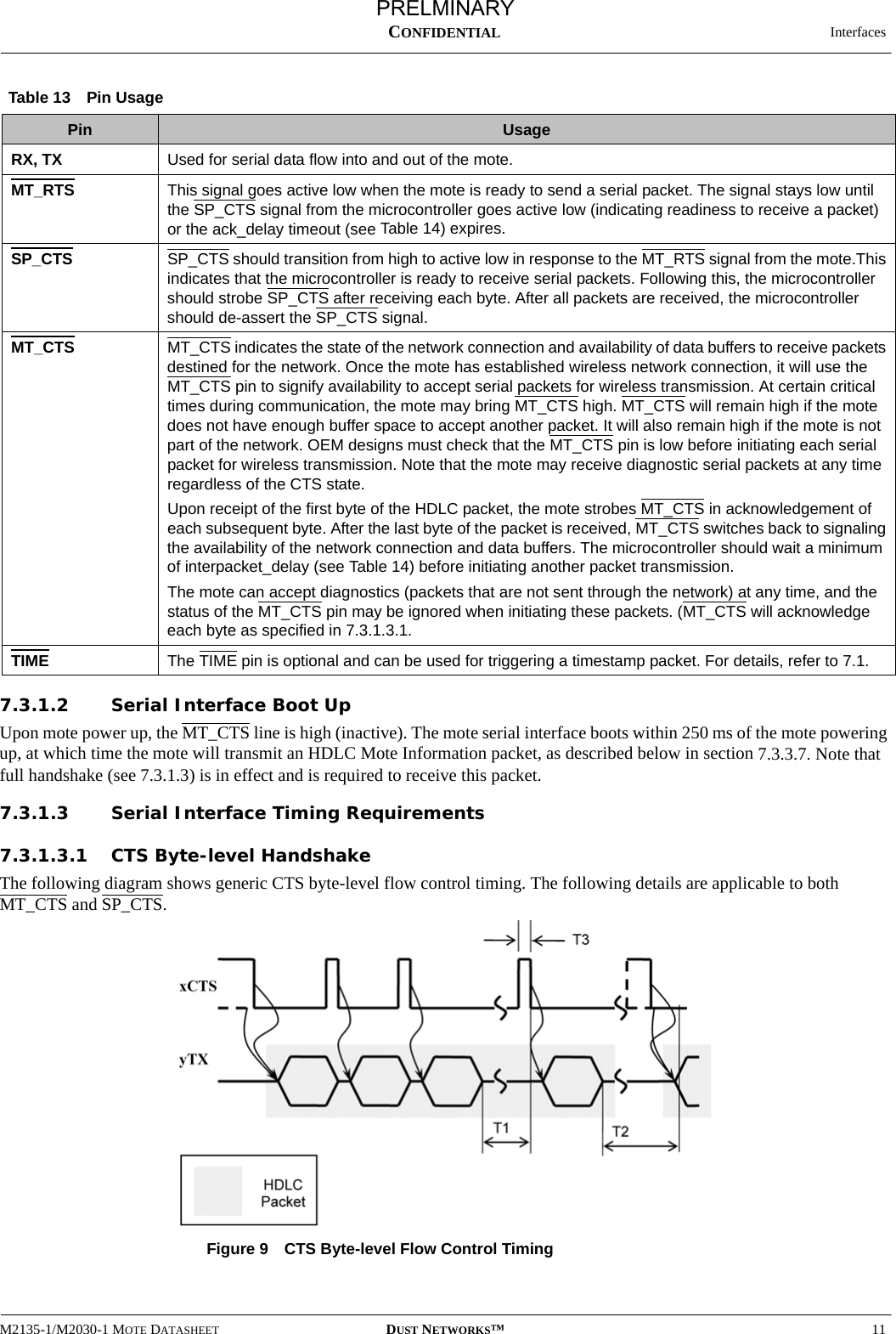   InterfacesM2135-1/M2030-1 MOTE DATASHEET DUST NETWORKS™11CONFIDENTIAL7.3.1.2 Serial Interface Boot UpUpon mote power up, the MT_CTS line is high (inactive). The mote serial interface boots within 250 ms of the mote powering up, at which time the mote will transmit an HDLC Mote Information packet, as described below in section 7.3.3.7. Note that full handshake (see 7.3.1.3) is in effect and is required to receive this packet.7.3.1.3 Serial Interface Timing Requirements7.3.1.3.1 CTS Byte-level HandshakeThe following diagram shows generic CTS byte-level flow control timing. The following details are applicable to both MT_CTS and SP_CTS.Figure 9 CTS Byte-level Flow Control TimingTable 13 Pin UsagePin UsageRX, TX Used for serial data flow into and out of the mote.MT_RTS This signal goes active low when the mote is ready to send a serial packet. The signal stays low until the SP_CTS signal from the microcontroller goes active low (indicating readiness to receive a packet) or the ack_delay timeout (see Table 14) expires.SP_CTS SP_CTS should transition from high to active low in response to the MT_RTS signal from the mote.This indicates that the microcontroller is ready to receive serial packets. Following this, the microcontroller should strobe SP_CTS after receiving each byte. After all packets are received, the microcontroller should de-assert the SP_CTS signal.MT_CTS MT_CTS indicates the state of the network connection and availability of data buffers to receive packets destined for the network. Once the mote has established wireless network connection, it will use the MT_CTS pin to signify availability to accept serial packets for wireless transmission. At certain critical times during communication, the mote may bring MT_CTS high. MT_CTS will remain high if the mote does not have enough buffer space to accept another packet. It will also remain high if the mote is not part of the network. OEM designs must check that the MT_CTS pin is low before initiating each serial packet for wireless transmission. Note that the mote may receive diagnostic serial packets at any time regardless of the CTS state.Upon receipt of the first byte of the HDLC packet, the mote strobes MT_CTS in acknowledgement of each subsequent byte. After the last byte of the packet is received, MT_CTS switches back to signaling the availability of the network connection and data buffers. The microcontroller should wait a minimum of interpacket_delay (see Table 14) before initiating another packet transmission.The mote can accept diagnostics (packets that are not sent through the network) at any time, and the status of the MT_CTS pin may be ignored when initiating these packets. (MT_CTS will acknowledge each byte as specified in 7.3.1.3.1.TIME The TIME pin is optional and can be used for triggering a timestamp packet. For details, refer to 7.1.PRELMINARY