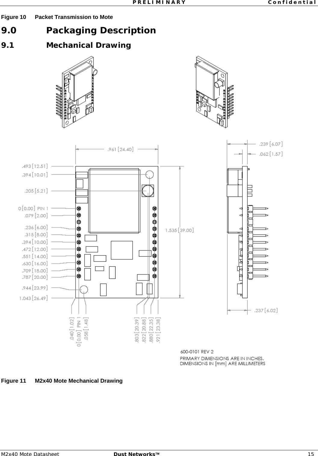 PRELIMINARY Confidential  M2x40 Mote Datasheet  Dust Networks™ 15 Figure 10  Packet Transmission to Mote 9.0 Packaging Description 9.1 Mechanical Drawing  Figure 11  M2x40 Mote Mechanical Drawing 