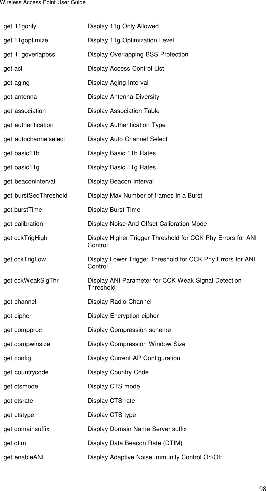 Wireless Access Point User Guide 98 get 11gonly   Display 11g Only Allowed get 11goptimize  Display 11g Optimization Level get 11goverlapbss   Display Overlapping BSS Protection get acl    Display Access Control List get aging    Display Aging Interval get antenna   Display Antenna Diversity get association  Display Association Table get authentication  Display Authentication Type get autochannelselect    Display Auto Channel Select get basic11b  Display Basic 11b Rates get basic11g  Display Basic 11g Rates get beaconinterval  Display Beacon Interval get burstSeqThreshold    Display Max Number of frames in a Burst get burstTime  Display Burst Time get calibration  Display Noise And Offset Calibration Mode get cckTrigHigh  Display Higher Trigger Threshold for CCK Phy Errors for ANI Control get cckTrigLow   Display Lower Trigger Threshold for CCK Phy Errors for ANI Control get cckWeakSigThr   Display ANI Parameter for CCK Weak Signal Detection Threshold get channel   Display Radio Channel get cipher    Display Encryption cipher get compproc  Display Compression scheme get compwinsize  Display Compression Window Size get config    Display Current AP Configuration get countrycode  Display Country Code get ctsmode   Display CTS mode get ctsrate   Display CTS rate get ctstype   Display CTS type get domainsuffix    Display Domain Name Server suffix get dtim    Display Data Beacon Rate (DTIM) get enableANI  Display Adaptive Noise Immunity Control On/Off 