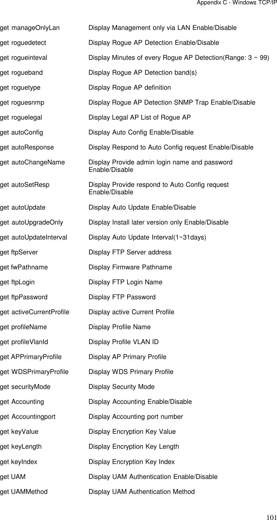 Appendix C - Windows TCP/IP 101 get manageOnlyLan   Display Management only via LAN Enable/Disable get roguedetect  Display Rogue AP Detection Enable/Disable get rogueinteval    Display Minutes of every Rogue AP Detection(Range: 3 ~ 99) get rogueband  Display Rogue AP Detection band(s) get roguetype  Display Rogue AP definition get roguesnmp  Display Rogue AP Detection SNMP Trap Enable/Disable get roguelegal   Display Legal AP List of Rogue AP get autoConfig   Display Auto Config Enable/Disable get autoResponse    Display Respond to Auto Config request Enable/Disable get autoChangeName  Display Provide admin login name and password Enable/Disable get autoSetResp  Display Provide respond to Auto Config request Enable/Disable get autoUpdate   Display Auto Update Enable/Disable get autoUpgradeOnly   Display Install later version only Enable/Disable get autoUpdateInterval    Display Auto Update Interval(1~31days) get ftpServer  Display FTP Server address get fwPathname   Display Firmware Pathname get ftpLogin  Display FTP Login Name get ftpPassword  Display FTP Password get activeCurrentProfile  Display active Current Profile get profileName  Display Profile Name get profileVlanId   Display Profile VLAN ID get APPrimaryProfile  Display AP Primary Profile get WDSPrimaryProfile    Display WDS Primary Profile get securityMode    Display Security Mode get Accounting   Display Accounting Enable/Disable get Accountingport  Display Accounting port number get keyValue  Display Encryption Key Value get keyLength  Display Encryption Key Length get keyIndex  Display Encryption Key Index get UAM    Display UAM Authentication Enable/Disable get UAMMethod  Display UAM Authentication Method 
