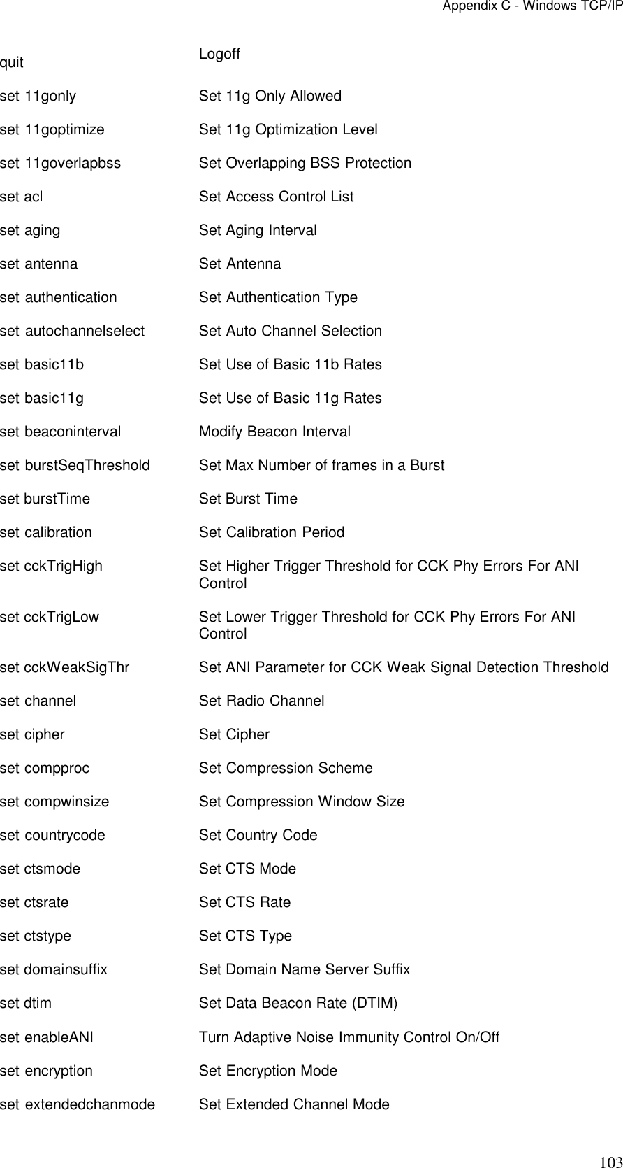 Appendix C - Windows TCP/IP 103 quit    Logoff set 11gonly   Set 11g Only Allowed set 11goptimize  Set 11g Optimization Level set 11goverlapbss   Set Overlapping BSS Protection set acl    Set Access Control List set aging    Set Aging Interval set antenna   Set Antenna set authentication  Set Authentication Type set autochannelselect    Set Auto Channel Selection set basic11b  Set Use of Basic 11b Rates set basic11g  Set Use of Basic 11g Rates set beaconinterval  Modify Beacon Interval set burstSeqThreshold    Set Max Number of frames in a Burst set burstTime  Set Burst Time set calibration  Set Calibration Period set cckTrigHigh  Set Higher Trigger Threshold for CCK Phy Errors For ANI Control set cckTrigLow   Set Lower Trigger Threshold for CCK Phy Errors For ANI Control set cckWeakSigThr   Set ANI Parameter for CCK Weak Signal Detection Threshold set channel   Set Radio Channel set cipher    Set Cipher set compproc  Set Compression Scheme set compwinsize  Set Compression Window Size set countrycode  Set Country Code set ctsmode   Set CTS Mode set ctsrate   Set CTS Rate set ctstype   Set CTS Type set domainsuffix    Set Domain Name Server Suffix set dtim    Set Data Beacon Rate (DTIM) set enableANI  Turn Adaptive Noise Immunity Control On/Off set encryption   Set Encryption Mode set extendedchanmode  Set Extended Channel Mode 