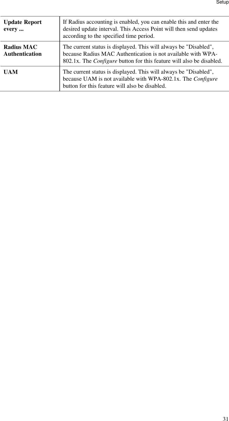 Setup 31 Update Report every ...  If Radius accounting is enabled, you can enable this and enter the desired update interval. This Access Point will then send updates according to the specified time period. Radius MAC  Authentication  The current status is displayed. This will always be "Disabled", because Radius MAC Authentication is not available with WPA-802.1x. The Configure button for this feature will also be disabled. UAM  The current status is displayed. This will always be "Disabled", because UAM is not available with WPA-802.1x. The Configure button for this feature will also be disabled. 