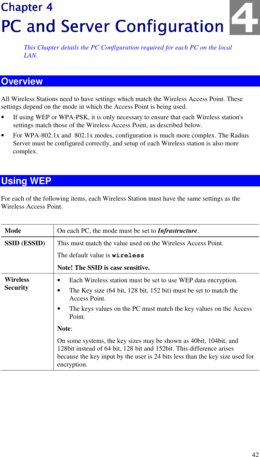  42 Chapter 4Chapter 4Chapter 4Chapter 4    PC and Server ConfigurPC and Server ConfigurPC and Server ConfigurPC and Server Configuraaaationtiontiontion    This Chapter details the PC Configuration required for each PC on the local LAN. Overview All Wireless Stations need to have settings which match the Wireless Access Point. These settings depend on the mode in which the Access Point is being used. &bull; If using WEP or WPA-PSK, it is only necessary to ensure that each Wireless station's settings match those of the Wireless Access Point, as described below. &bull; For WPA-802.1x and  802.1x modes, configuration is much more complex. The Radius Server must be configured correctly, and setup of each Wireless station is also more complex.  Using WEP For each of the following items, each Wireless Station must have the same settings as the Wireless Access Point.   Mode   On each PC, the mode must be set to Infrastructure. SSID (ESSID)  This must match the value used on the Wireless Access Point.  The default value is wireless Note! The SSID is case sensitive. Wireless Security  &bull; Each Wireless station must be set to use WEP data encryption. &bull; The Key size (64 bit, 128 bit, 152 bit) must be set to match the Access Point. &bull; The keys values on the PC must match the key values on the Access Point. Note:  On some systems, the key sizes may be shown as 40bit, 104bit, and 128bit instead of 64 bit, 128 bit and 152bit. This difference arises because the key input by the user is 24 bits less than the key size used for encryption.   4 