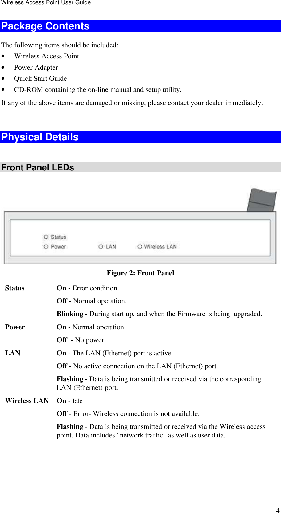 Wireless Access Point User Guide 4 Package Contents The following items should be included: &bull; Wireless Access Point &bull; Power Adapter &bull; Quick Start Guide  &bull; CD-ROM containing the on-line manual and setup utility. If any of the above items are damaged or missing, please contact your dealer immediately.  Physical Details  Front Panel LEDs  Figure 2: Front Panel Status  On - Error condition. Off - Normal operation. Blinking - During start up, and when the Firmware is being  upgraded. Power  On - Normal operation. Off  - No power LAN  On - The LAN (Ethernet) port is active. Off - No active connection on the LAN (Ethernet) port. Flashing - Data is being transmitted or received via the corresponding LAN (Ethernet) port. Wireless LAN  On - Idle Off - Error- Wireless connection is not available. Flashing - Data is being transmitted or received via the Wireless access point. Data includes "network traffic" as well as user data.  