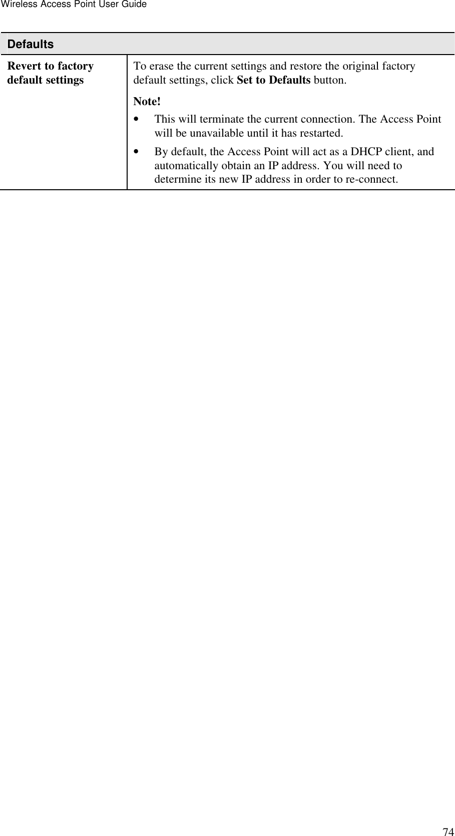 Wireless Access Point User Guide 74 Defaults Revert to factory default settings  To erase the current settings and restore the original factory default settings, click Set to Defaults button.  Note!  &bull; This will terminate the current connection. The Access Point will be unavailable until it has restarted.  &bull; By default, the Access Point will act as a DHCP client, and automatically obtain an IP address. You will need to determine its new IP address in order to re-connect.  