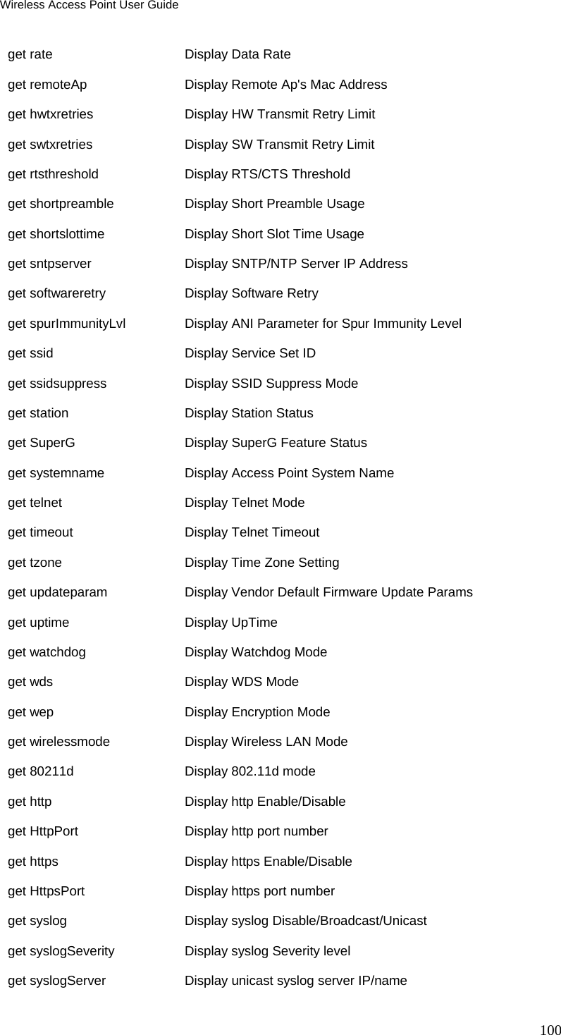 Wireless Access Point User Guide 100 get rate      Display Data Rate get remoteAp  Display Remote Ap's Mac Address get hwtxretries  Display HW Transmit Retry Limit get swtxretries  Display SW Transmit Retry Limit get rtsthreshold    Display RTS/CTS Threshold get shortpreamble   Display Short Preamble Usage get shortslottime   Display Short Slot Time Usage get sntpserver   Display SNTP/NTP Server IP Address get softwareretry   Display Software Retry get spurImmunityLvl   Display ANI Parameter for Spur Immunity Level get ssid      Display Service Set ID get ssidsuppress    Display SSID Suppress Mode get station   Display Station Status get SuperG    Display SuperG Feature Status get systemname   Display Access Point System Name get telnet    Display Telnet Mode get timeout   Display Telnet Timeout get tzone     Display Time Zone Setting get updateparam  Display Vendor Default Firmware Update Params get uptime    Display UpTime get watchdog  Display Watchdog Mode get wds       Display WDS Mode get wep       Display Encryption Mode get wirelessmode    Display Wireless LAN Mode get 80211d    Display 802.11d mode get http      Display http Enable/Disable get HttpPort  Display http port number get https     Display https Enable/Disable get HttpsPort  Display https port number get syslog    Display syslog Disable/Broadcast/Unicast get syslogSeverity  Display syslog Severity level get syslogServer    Display unicast syslog server IP/name 