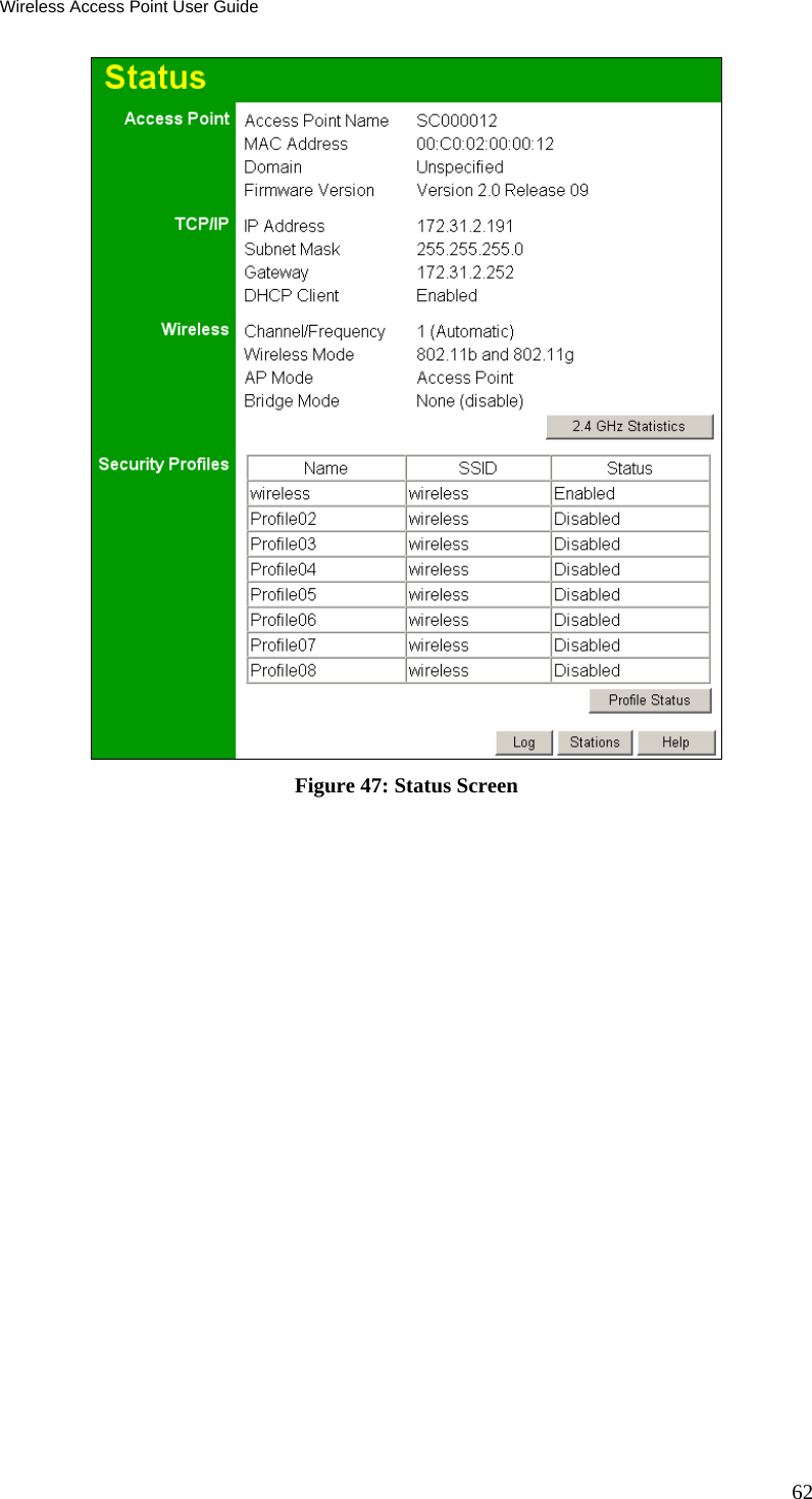 Wireless Access Point User Guide 62  Figure 47: Status Screen 