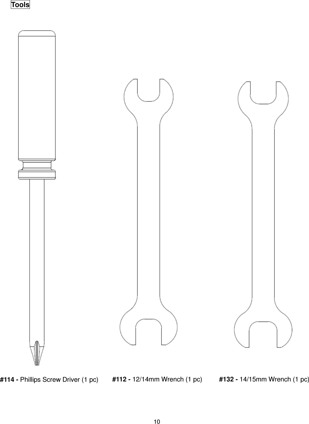                                                                                10        Tools #114 - Phillips Screw Driver (1 pc)  #112 - 12/14mm Wrench (1 pc)  #132 - 14/15mm Wrench (1 pc) 