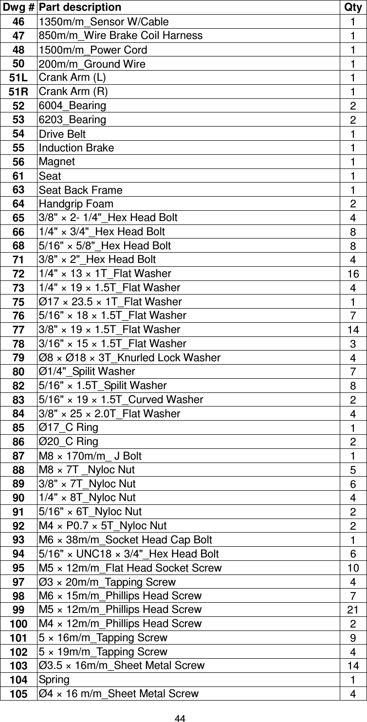                                                                                44Dwg # Part description  Qty 46  1350m/m_Sensor W/Cable  1 47  850m/m_Wire Brake Coil Harness  1 48  1500m/m_Power Cord  1 50  200m/m_Ground Wire  1 51L  Crank Arm (L)  1 51R  Crank Arm (R)  1 52  6004_Bearing   2 53  6203_Bearing   2 54  Drive Belt  1 55  Induction Brake  1 56  Magnet  1 61  Seat    1 63  Seat Back Frame  1 64  Handgrip Foam  2 65  3/8&quot; × 2- 1/4&quot;_Hex Head Bolt  4 66  1/4&quot; × 3/4&quot;_Hex Head Bolt  8 68  5/16&quot; × 5/8&quot;_Hex Head Bolt  8 71  3/8&quot; × 2&quot;_Hex Head Bolt  4 72  1/4&quot; × 13 × 1T_Flat Washer  16 73  1/4&quot; × 19 × 1.5T_Flat Washer  4 75  Ø17 × 23.5 × 1T_Flat Washer  1 76  5/16&quot; × 18 × 1.5T_Flat Washer  7 77  3/8&quot; × 19 × 1.5T_Flat Washer  14 78  3/16&quot; × 15 × 1.5T_Flat Washer  3 79  Ø8 × Ø18 × 3T_Knurled Lock Washer  4 80  Ø1/4&quot;_Spilit Washer  7 82  5/16&quot; × 1.5T_Spilit Washer  8 83  5/16&quot; × 19 × 1.5T_Curved Washer  2 84  3/8&quot; × 25 × 2.0T_Flat Washer  4 85  Ø17_C Ring  1 86  Ø20_C Ring  2 87  M8 × 170m/m_ J Bolt  1 88  M8 × 7T _Nyloc Nut  5 89  3/8&quot; × 7T_Nyloc Nut  6 90  1/4&quot; × 8T_Nyloc Nut  4 91  5/16&quot; × 6T_Nyloc Nut  2 92  M4 × P0.7 × 5T_Nyloc Nut  2 93  M6 × 38m/m_Socket Head Cap Bolt  1 94  5/16&quot; × UNC18 × 3/4&quot;_Hex Head Bolt  6 95  M5 × 12m/m_Flat Head Socket Screw  10 97  Ø3 × 20m/m_Tapping Screw  4 98  M6 × 15m/m_Phillips Head Screw  7 99  M5 × 12m/m_Phillips Head Screw  21 100  M4 × 12m/m_Phillips Head Screw  2 101  5 × 16m/m_Tapping Screw  9 102  5 × 19m/m_Tapping Screw  4 103  Ø3.5 × 16m/m_Sheet Metal Screw  14 104  Spring  1 105  Ø4 × 16 m/m_Sheet Metal Screw  4 