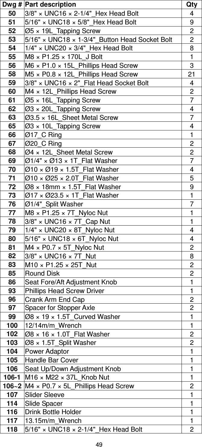                                                                               49Dwg #  Part description  Qty 50  3/8&quot; × UNC16 × 2-1/4&quot;_Hex Head Bolt  4 51  5/16&quot; × UNC18 × 5/8&quot;_Hex Head Bolt  9 52  Ø5 × 19L_Tapping Screw  2 53  5/16&quot; × UNC18 × 1-3/4&quot;_Button Head Socket Bolt  2 54  1/4&quot; × UNC20 × 3/4&quot;_Hex Head Bolt  8 55  M8 × P1.25 × 170L_J Bolt  1 56  M6 × P1.0 × 15L_Phillips Head Screw  3 58  M5 × P0.8 × 12L_Phillips Head Screw  21 59  3/8&quot; × UNC16 × 2&quot;_Flat Head Socket Bolt  4 60  M4 × 12L_Phillips Head Screw  2 61  Ø5 × 16L_Tapping Screw  7 62  Ø3 × 20L_Tapping Screw  4 63  Ø3.5 × 16L_Sheet Metal Screw  7 65  Ø3 × 10L_Tapping Screw  4 66  Ø17_C Ring  1 67  Ø20_C Ring  2 68  Ø4 × 12L_Sheet Metal Screw  2 69  Ø1/4&quot; × Ø13 × 1T_Flat Washer  7 70  Ø10 × Ø19 × 1.5T_Flat Washer  4 71  Ø10 × Ø25 × 2.0T_Flat Washer  5 72  Ø8 × 18mm × 1.5T_Flat Washer  9 73  Ø17 × Ø23.5 × 1T_Flat Washer  1 76  Ø1/4&quot;_Split Washer  7 77  M8 × P1.25 × 7T_Nyloc Nut  1 78  3/8&quot; × UNC16 × 7T_Cap Nut  1 79  1/4&quot; × UNC20 × 8T_Nyloc Nut  4 80  5/16&quot; × UNC18 × 6T_Nyloc Nut  4 81  M4 × P0.7 × 5T_Nyloc Nut  2 82  3/8&quot; × UNC16 × 7T_Nut  8 83  M10 × P1.25 × 25T_Nut  2 85  Round Disk    2 86  Seat Fore/Aft Adjustment Knob  1 93  Phillips Head Screw Driver  1 96  Crank Arm End Cap  2 97  Spacer for Stopper Axle  2 99  Ø8 × 19 × 1.5T_Curved Washer  1 100  12/14m/m_Wrench 1 102  Ø8 × 16 × 1.0T_Flat Washer  2 103  Ø8 × 1.5T_Split Washer  2 104  Power Adaptor  1 105  Handle Bar Cover  1 106  Seat Up/Down Adjustment Knob  1 106-1  M16 × M22 × 37L_Knob Nut  1 106~2  M4 × P0.7 × 5L_Phillips Head Screw  2 107  Slider Sleeve  1 114  Slide Spacer  1 116  Drink Bottle Holder  1 117  13.15m/m_Wrench 1 118  5/16&quot; × UNC18 × 2-1/4&quot;_Hex Head Bolt  2 