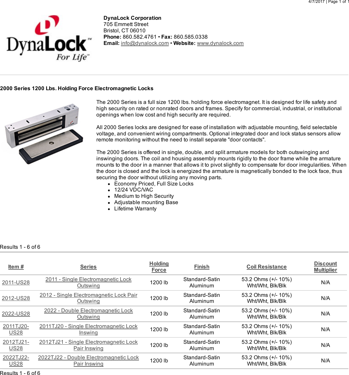 Page 1 of 1 - DynaLock  2000 Series 1200 Lbs. Holding Force Electromagnetic Locks 2000Series1200Lbs.Holding