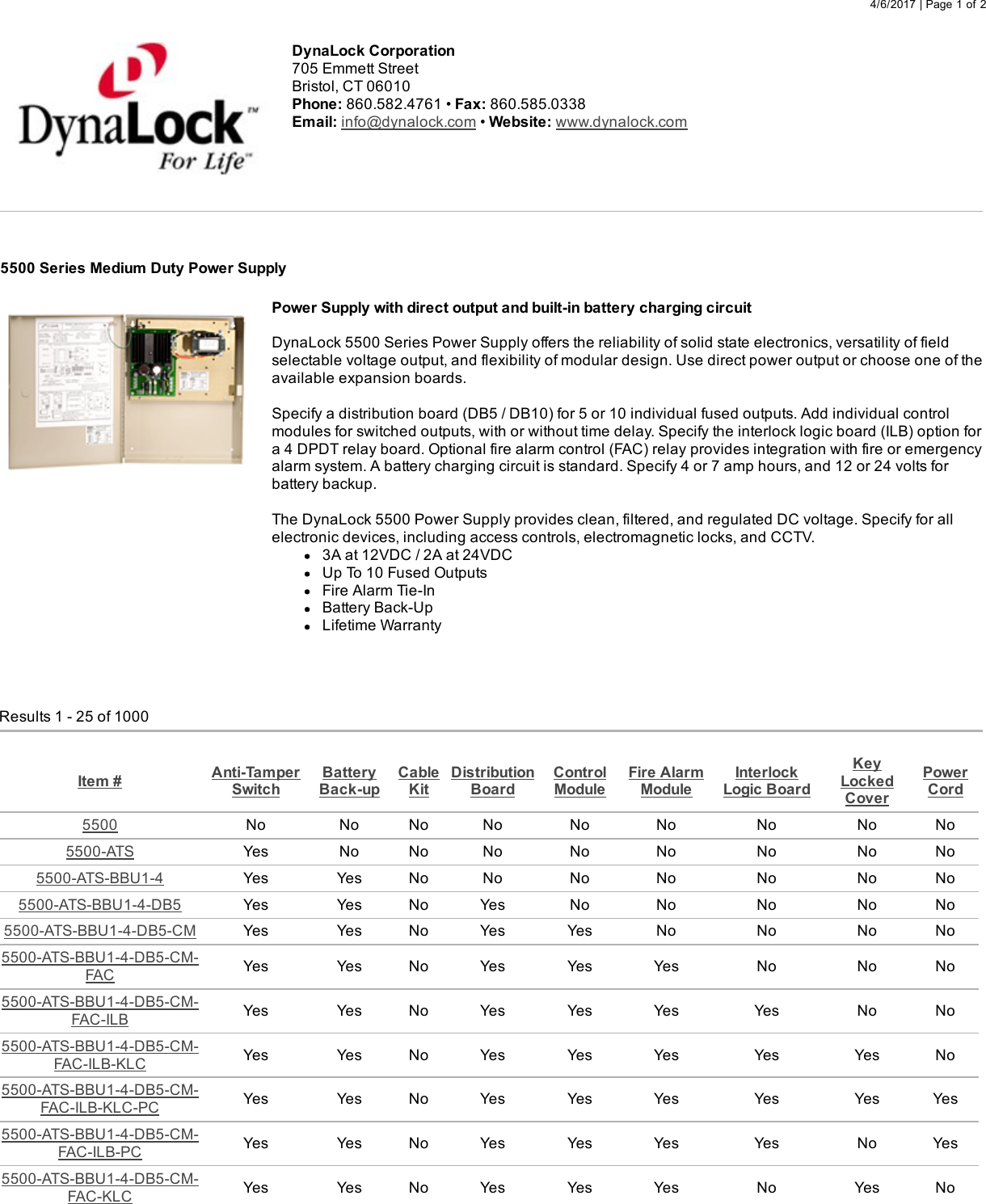 Page 1 of 2 - DynaLock  5500 Series Medium Duty Power Supply 5500Series