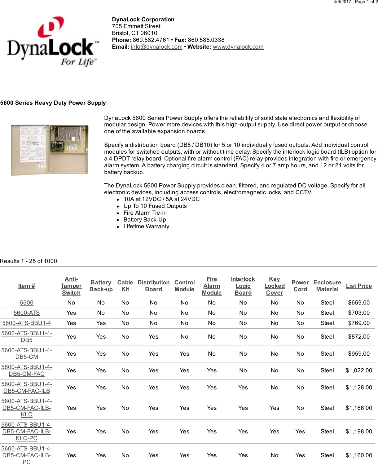 Page 1 of 2 - DynaLock  5600 Series Heavy Duty Power Supply 5600Series