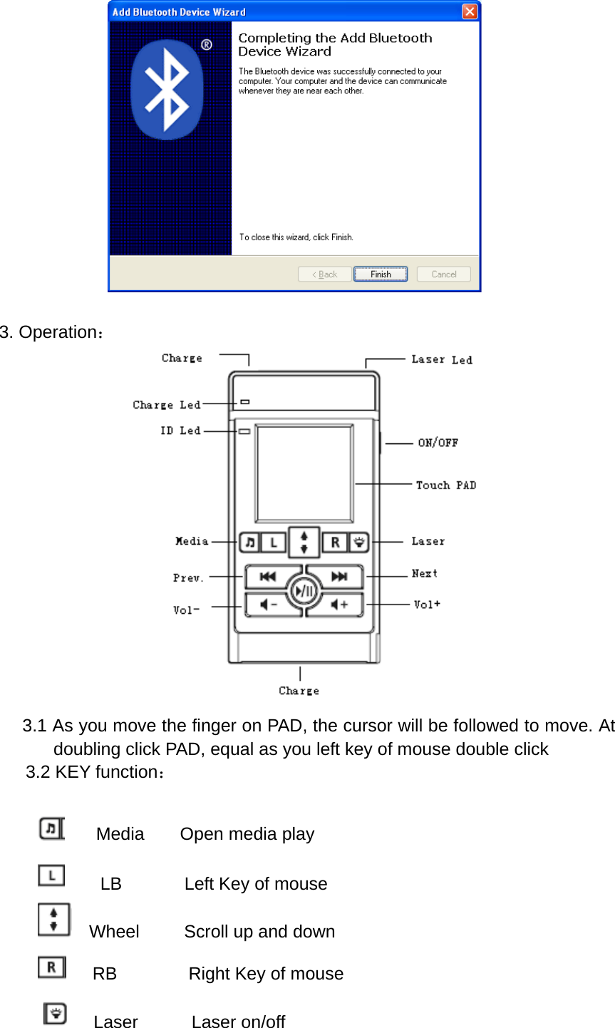   3. Operation：     3.1 As you move the finger on PAD, the cursor will be followed to move. At doubling click PAD, equal as you left key of mouse double click 3.2 KEY function：      Media    Open media play     LB       Left Key of mouse   Wheel     Scroll up and down    RB        Right Key of mouse    Laser      Laser on/off 