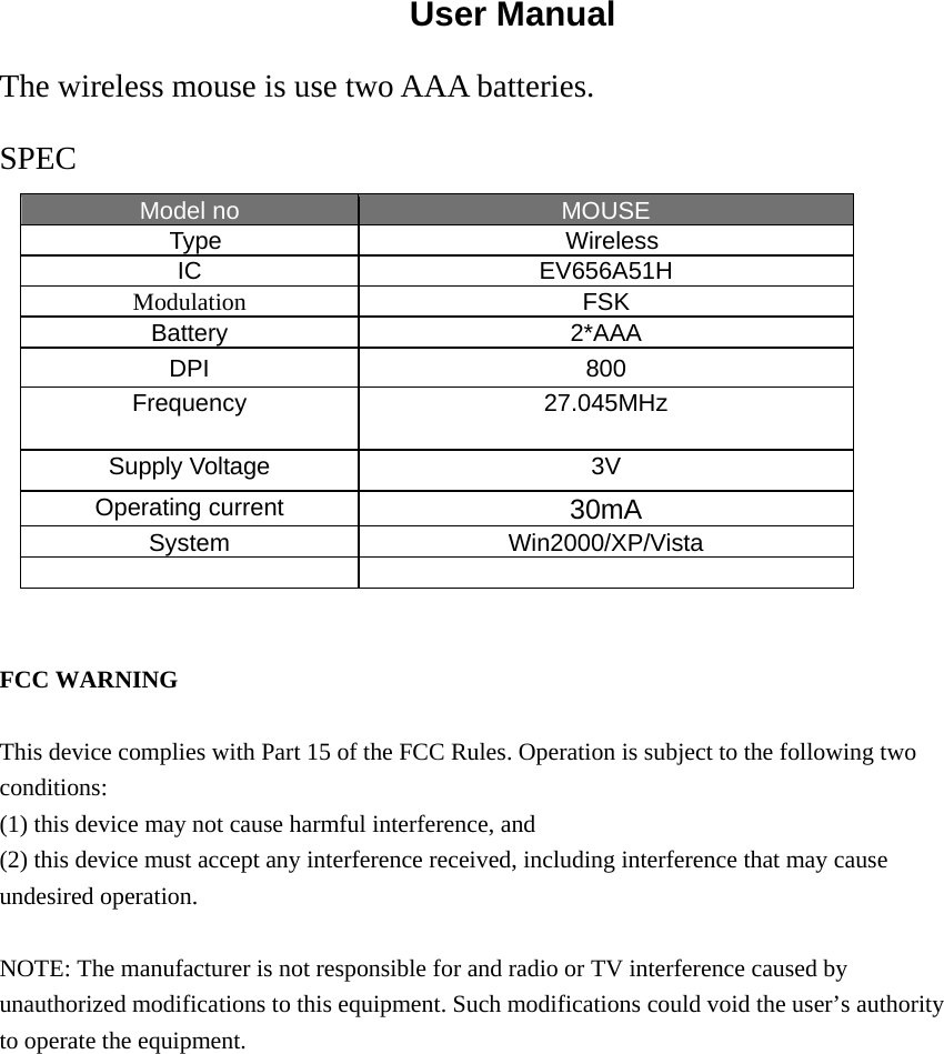 User Manual The wireless mouse is use two AAA batteries.   SPEC Model no  MOUSE  Type   Wireless IC EV656A51H Modulation FSK Battery 2*AAA DPI 800 Frequency 27.045MHz Supply Voltage  3V Operating current  30mA System Win2000/XP/Vista    FCC WARNING  This device complies with Part 15 of the FCC Rules. Operation is subject to the following two conditions: (1) this device may not cause harmful interference, and (2) this device must accept any interference received, including interference that may cause undesired operation.  NOTE: The manufacturer is not responsible for and radio or TV interference caused by unauthorized modifications to this equipment. Such modifications could void the user&rsquo;s authority to operate the equipment.  