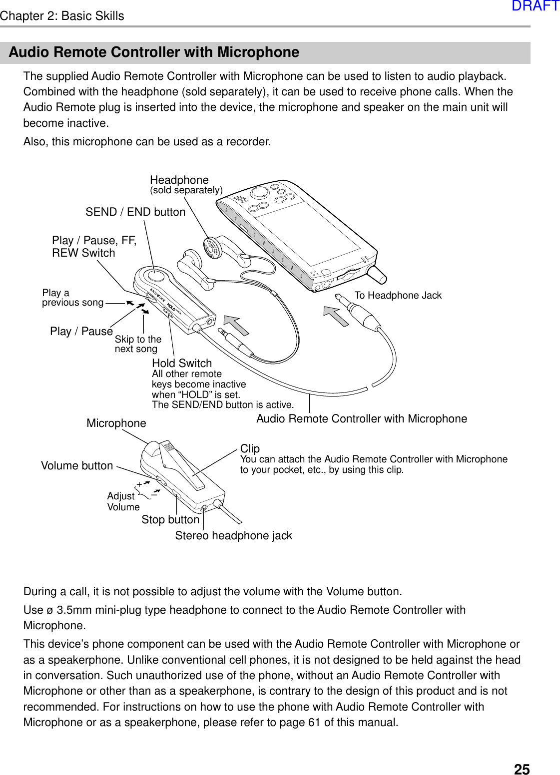 Chapter 2: Basic Skills25Audio Remote Controller with MicrophoneThe supplied Audio Remote Controller with Microphone can be used to listen to audio playback.Combined with the headphone (sold separately), it can be used to receive phone calls. When theAudio Remote plug is inserted into the device, the microphone and speaker on the main unit willbecome inactive.Also, this microphone can be used as a recorder.Hold SwitchAll other remotekeys become inactive when “HOLD” is set. The SEND/END button is active.Stop button+–Adjust VolumePlay / PauseSkip to the next songPlay a previous songSEND / END buttonPlay / Pause, FF, REW SwitchTo Headphone JackClipYou can attach the Audio Remote Controller with Microphone to your pocket, etc., by using this clip.Stereo headphone jackMicrophoneVolume buttonHeadphone (sold separately)Audio Remote Controller with MicrophoneDuring a call, it is not possible to adjust the volume with the Volume button.Use ø 3.5mm mini-plug type headphone to connect to the Audio Remote Controller withMicrophone.This device’s phone component can be used with the Audio Remote Controller with Microphone oras a speakerphone. Unlike conventional cell phones, it is not designed to be held against the headin conversation. Such unauthorized use of the phone, without an Audio Remote Controller withMicrophone or other than as a speakerphone, is contrary to the design of this product and is notrecommended. For instructions on how to use the phone with Audio Remote Controller withMicrophone or as a speakerphone, please refer to page 61 of this manual.DRAFT