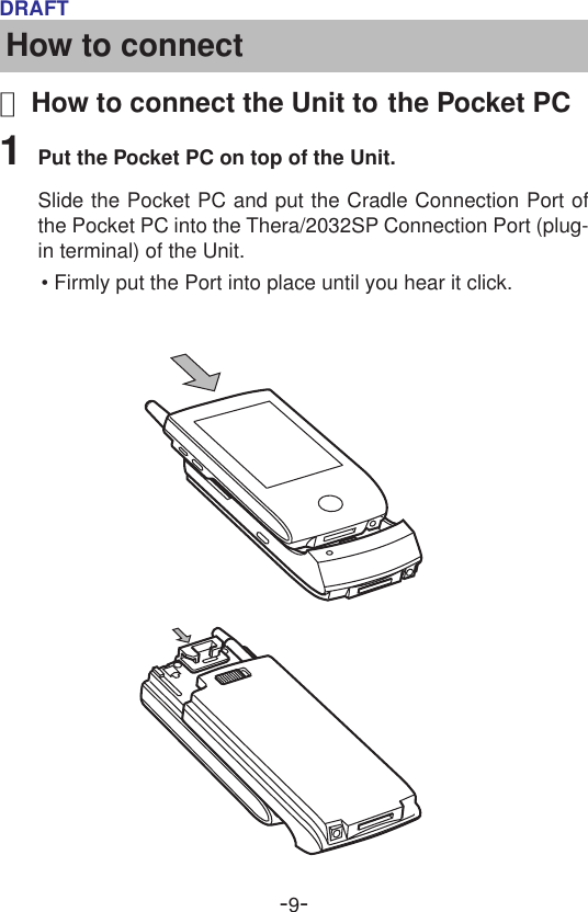 -9-DRAFTHow to connect■ How to connect the Unit to the Pocket PC1Put the Pocket PC on top of the Unit.Slide the Pocket PC and put the Cradle Connection Port ofthe Pocket PC into the Thera/2032SP Connection Port (plug-in terminal) of the Unit.• Firmly put the Port into place until you hear it click.