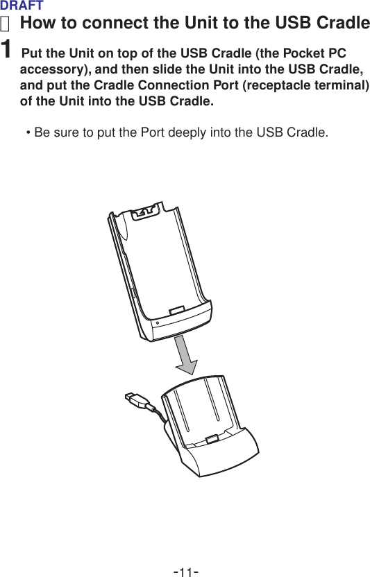 -11-DRAFT■ How to connect the Unit to the USB Cradle1  Put the Unit on top of the USB Cradle (the Pocket PCaccessory), and then slide the Unit into the USB Cradle,and put the Cradle Connection Port (receptacle terminal)of the Unit into the USB Cradle.• Be sure to put the Port deeply into the USB Cradle.