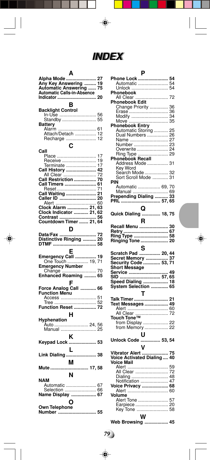 79INDEXINDEXAAlpha Mode ....................... 27Any Key Answering ......... 19Automatic Answering ...... 75Automatic Calls-in-AbsenceIndicator .................................20BBacklight ControlIn-Use ............................ 56Standby .......................... 55BatteryAlarm ............................. 61Attach/Detach ................ 12Recharge ....................... 12CCallPlace .............................. 17Receive .......................... 19Terminate ....................... 17Call History ....................... 42All Clear ......................... 72Call Restriction ................. 70Call Timers ........................ 61Reset.............................. 71Call Waiting ....................... 21Caller ID ............................ 20Alert ............................... 60Clock Alarm ................ 21, 63Clock Indicator ........... 21, 62Contrast ............................ 56Countdown Timer ....... 21, 64DData/Fax ............................ 72Distinctive Ringing .......... 20DTMF ................................. 58EEmergency Call ................ 19One Touch ................ 19, 71Emergency NumberChange .......................... 70Enhanced Roaming ......... 65FForce Analog Call ............ 66Function MenuAccess ........................... 51Tree ................................ 52Function Reset ................. 72HHyphenationAuto.......................... 24, 56Manual ........................... 25KKeypad Lock ..................... 53LLink Dialing ....................... 38MMute............................. 17, 58NNAMAutomatic ....................... 67Selection ........................ 66Name Display ................... 67OOwn TelephoneNumber ............................. 55PPhone Lock....................... 54Automatic ....................... 54Unlock ............................ 54PhonebookAll Clear ......................... 72Phonebook EditChange Priority .............. 36Erase .............................. 36Modify ............................ 34Move .............................. 35Phonebook EntryAutomatic Storing ........... 25Dual Numbers ................ 26Name ............................. 27Number .......................... 23Overwrite........................ 24Ring Type ....................... 29Phonebook RecallAddress Mode ................ 31Key WordSearch Mode.................. 32Sort Scroll Mode ............ 31PINAutomatic ................. 69, 70Manual ........................... 69Prepending Dialing .......... 33PRL .............................. 57, 65QQuick Dialing .............. 18, 75RRecall Menu ...................... 30Retry .................................. 67Ring Type .......................... 58Ringing Tone ..................... 20SScratch Pad ................ 20, 44Secret Memory ................. 37Security Code ............. 53, 71Short MessageService .............................. 49SID ............................... 57, 65Speed Dialing ................... 18System Selection ............. 65TTalk Timer .......................... 21Text Messages .................. 49Alert ............................... 60All Clear ......................... 72Touch Tone™from Display ................... 22from Memory .................. 22UUnlock Code ............... 53, 54VVibrator Alert .................... 75Voice Activated Dialing.... 40Voice MailAlert ............................... 59All Clear ......................... 72Dialing ............................ 48Notification ..................... 47Voice Privacy .................... 68Alert ............................... 60VolumeAlert Tone ....................... 57Earpiece ......................... 20Key Tone ........................ 58WWeb Browsing .................. 45