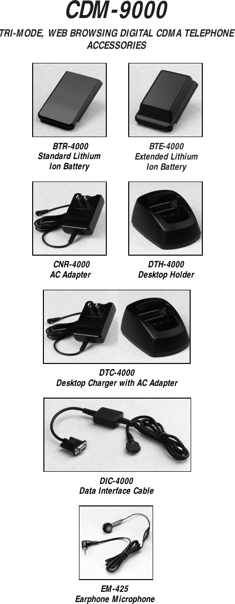 BTE-4000Extended LithiumIon BatteryDTH-4000Desktop HolderCNR-4000AC AdapterEM-425Earphone MicrophoneDTC-4000Desktop Charger with AC AdapterCDM-9000TRI-MODE, WEB BROWSING DIGITAL CDMA TELEPHONEACCESSORIESBTR-4000Standard LithiumIon BatteryDIC-4000Data Interface Cable