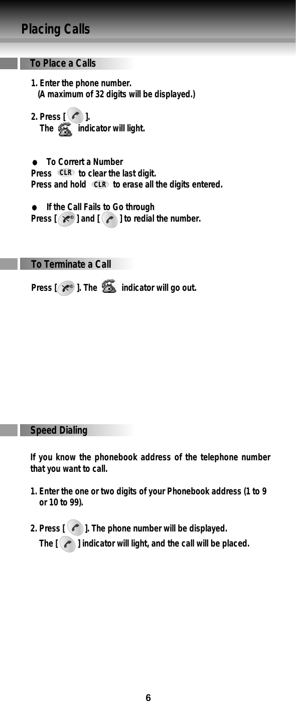 Placing CallsTo Place a CallsSpeed DialingIf you know the phonebook address of the telephone numberthat you want to call.1. Enter the one or two digits of your Phonebook address (1 to 9 or 10 to 99).2. Press [         ]. The phone number will be displayed.The [         ] indicator will light, and the call will be placed.CLRCLR1. Enter the phone number.(A maximum of 32 digits will be displayed.)2. Press [         ].The           indicator will light.To Corrert a NumberPress            to clear the last digit.Press and hold            to erase all the digits entered.If the Call Fails to Go throughPress [         ] and [         ] to redial the number.To Terminate a CallPress [         ]. The           indicator will go out.6