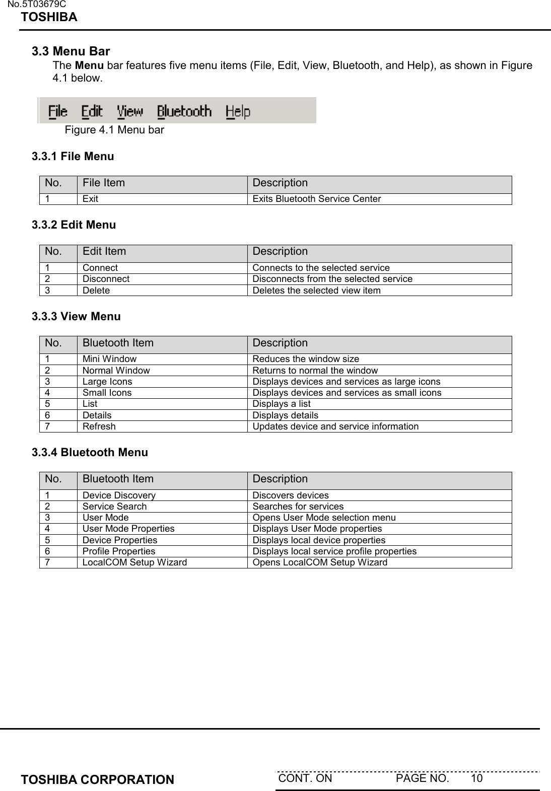   No.5T03679C TOSHIBA   TOSHIBA CORPORATION  CONT. ON                     PAGE NO.       10   3.3 Menu Bar The Menu bar features five menu items (File, Edit, View, Bluetooth, and Help), as shown in Figure 4.1 below.             Figure 4.1 Menu bar  3.3.1 File Menu  No.  File Item  Description 1  Exit  Exits Bluetooth Service Center  3.3.2 Edit Menu  No.  Edit Item  Description 1  Connect  Connects to the selected service 2  Disconnect  Disconnects from the selected service 3  Delete  Deletes the selected view item  3.3.3 View Menu  No.  Bluetooth Item  Description 1  Mini Window  Reduces the window size 2  Normal Window  Returns to normal the window 3  Large Icons  Displays devices and services as large icons 4  Small Icons  Displays devices and services as small icons 5  List  Displays a list 6 Details  Displays details 7  Refresh  Updates device and service information  3.3.4 Bluetooth Menu  No.  Bluetooth Item  Description 1  Device Discovery  Discovers devices 2  Service Search  Searches for services 3  User Mode  Opens User Mode selection menu 4  User Mode Properties  Displays User Mode properties 5  Device Properties  Displays local device properties 6  Profile Properties  Displays local service profile properties 7  LocalCOM Setup Wizard  Opens LocalCOM Setup Wizard   