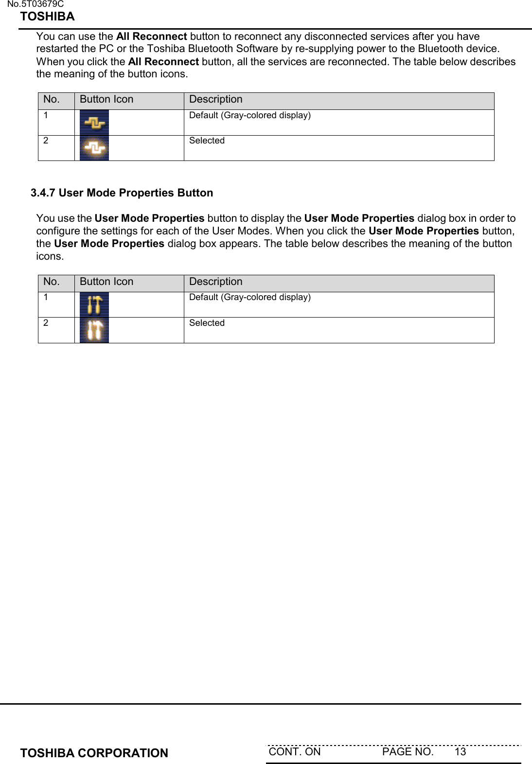   No.5T03679C TOSHIBA   TOSHIBA CORPORATION  CONT. ON                     PAGE NO.       13  You can use the All Reconnect button to reconnect any disconnected services after you have restarted the PC or the Toshiba Bluetooth Software by re-supplying power to the Bluetooth device. When you click the All Reconnect button, all the services are reconnected. The table below describes the meaning of the button icons.  No.  Button Icon  Description 1  Default (Gray-colored display) 2  Selected   3.4.7 User Mode Properties Button  You use the User Mode Properties button to display the User Mode Properties dialog box in order to configure the settings for each of the User Modes. When you click the User Mode Properties button, the User Mode Properties dialog box appears. The table below describes the meaning of the button icons.  No.  Button Icon  Description 1  Default (Gray-colored display) 2  Selected  