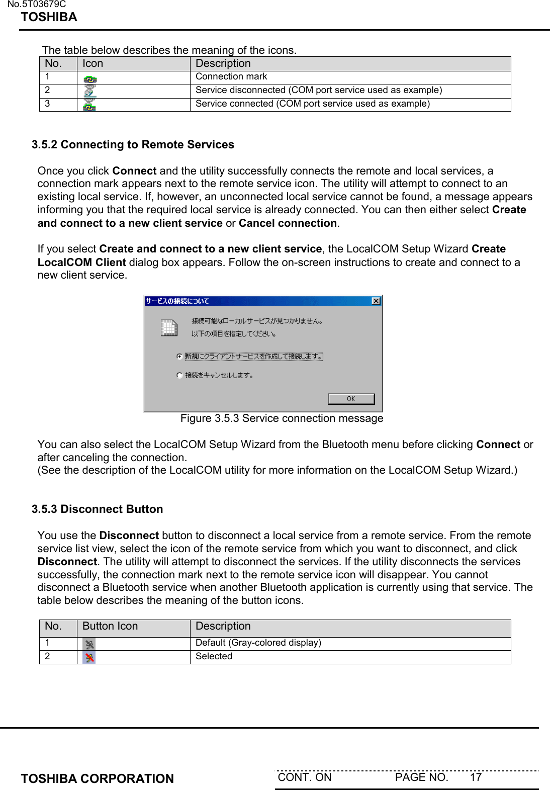   No.5T03679C TOSHIBA   TOSHIBA CORPORATION  CONT. ON                     PAGE NO.       17   The table below describes the meaning of the icons. No.  Icon  Description 1   Connection mark 2   Service disconnected (COM port service used as example) 3   Service connected (COM port service used as example)   3.5.2 Connecting to Remote Services  Once you click Connect and the utility successfully connects the remote and local services, a connection mark appears next to the remote service icon. The utility will attempt to connect to an existing local service. If, however, an unconnected local service cannot be found, a message appears informing you that the required local service is already connected. You can then either select Create and connect to a new client service or Cancel connection.  If you select Create and connect to a new client service, the LocalCOM Setup Wizard Create LocalCOM Client dialog box appears. Follow the on-screen instructions to create and connect to a new client service.          Figure 3.5.3 Service connection message  You can also select the LocalCOM Setup Wizard from the Bluetooth menu before clicking Connect or after canceling the connection. (See the description of the LocalCOM utility for more information on the LocalCOM Setup Wizard.)   3.5.3 Disconnect Button  You use the Disconnect button to disconnect a local service from a remote service. From the remote service list view, select the icon of the remote service from which you want to disconnect, and click Disconnect. The utility will attempt to disconnect the services. If the utility disconnects the services successfully, the connection mark next to the remote service icon will disappear. You cannot disconnect a Bluetooth service when another Bluetooth application is currently using that service. The table below describes the meaning of the button icons.  No.  Button Icon  Description 1   Default (Gray-colored display) 2   Selected  