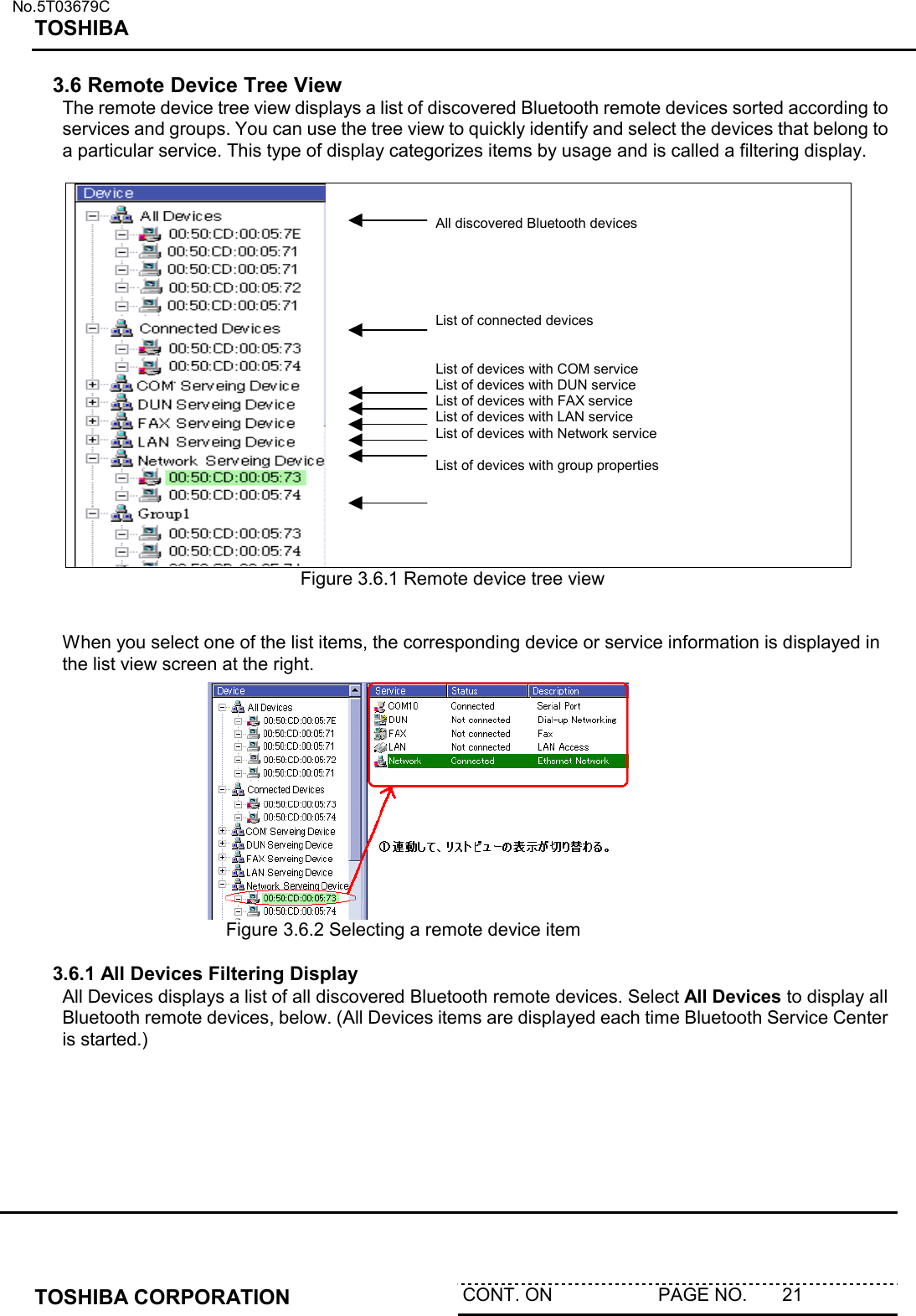   No.5T03679C TOSHIBA   TOSHIBA CORPORATION  CONT. ON                     PAGE NO.       21   3.6 Remote Device Tree View The remote device tree view displays a list of discovered Bluetooth remote devices sorted according to services and groups. You can use the tree view to quickly identify and select the devices that belong to a particular service. This type of display categorizes items by usage and is called a filtering display.     All discovered Bluetooth devices      List of connected devices   List of devices with COM service List of devices with DUN service List of devices with FAX service List of devices with LAN service List of devices with Network service   List of devices with group properties         Figure 3.6.1 Remote device tree view   When you select one of the list items, the corresponding device or service information is displayed in the list view screen at the right. Figure 3.6.2 Selecting a remote device item  3.6.1 All Devices Filtering Display All Devices displays a list of all discovered Bluetooth remote devices. Select All Devices to display all Bluetooth remote devices, below. (All Devices items are displayed each time Bluetooth Service Center is started.)