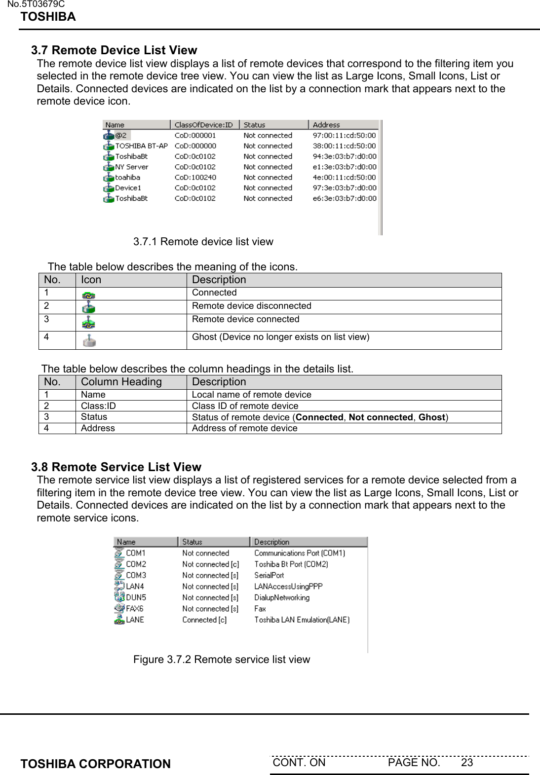   No.5T03679C TOSHIBA   TOSHIBA CORPORATION  CONT. ON                     PAGE NO.       23   3.7 Remote Device List View The remote device list view displays a list of remote devices that correspond to the filtering item you selected in the remote device tree view. You can view the list as Large Icons, Small Icons, List or Details. Connected devices are indicated on the list by a connection mark that appears next to the remote device icon.         3.7.1 Remote device list view   The table below describes the meaning of the icons. No.  Icon  Description 1   Connected 2   Remote device disconnected 3   Remote device connected 4   Ghost (Device no longer exists on list view)  The table below describes the column headings in the details list. No.  Column Heading  Description 1  Name  Local name of remote device 2  Class:ID  Class ID of remote device 3 Status  Status of remote device (Connected, Not connected, Ghost) 4  Address  Address of remote device   3.8 Remote Service List View The remote service list view displays a list of registered services for a remote device selected from a filtering item in the remote device tree view. You can view the list as Large Icons, Small Icons, List or Details. Connected devices are indicated on the list by a connection mark that appears next to the remote service icons.         Figure 3.7.2 Remote service list view   