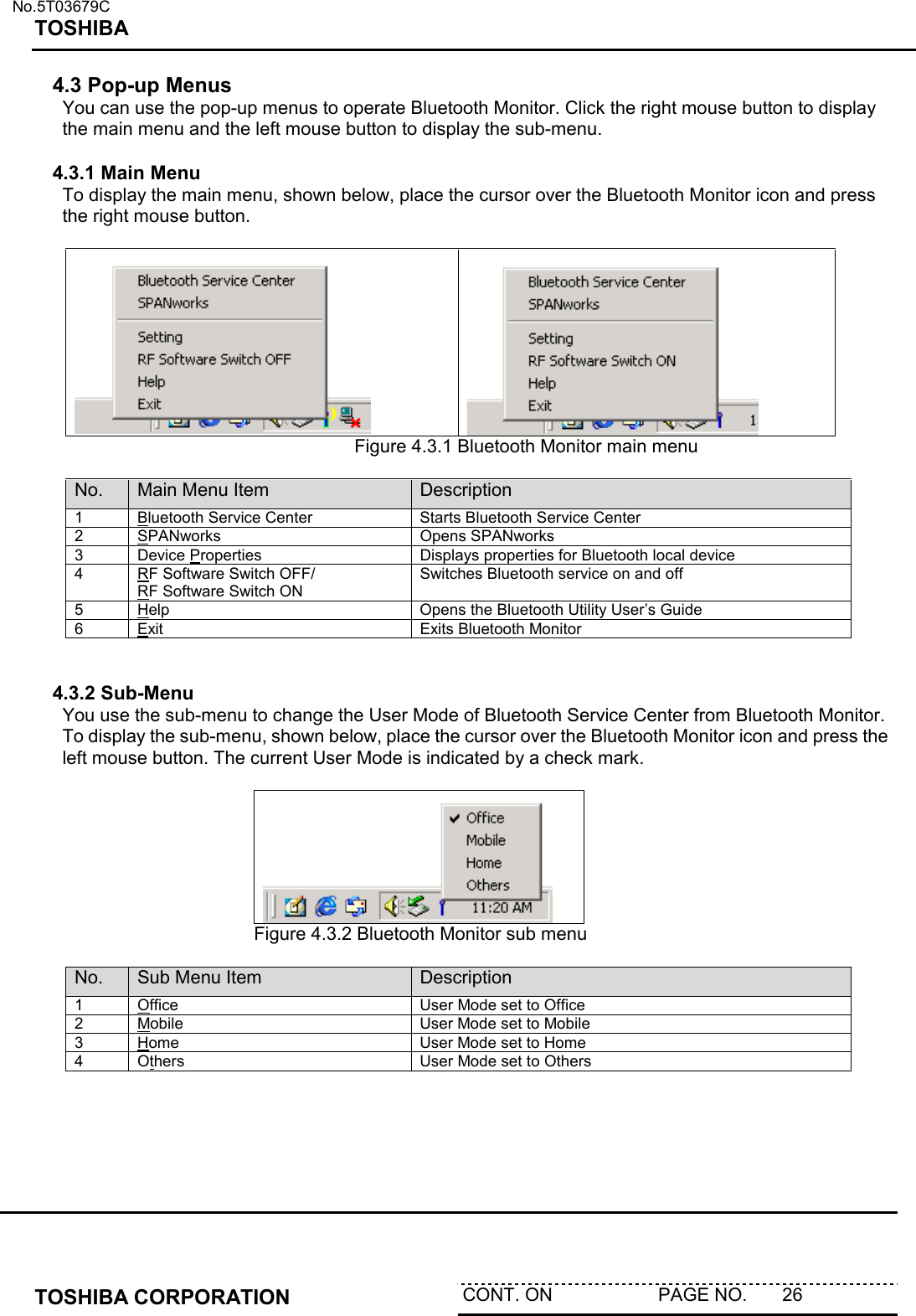   No.5T03679C TOSHIBA   TOSHIBA CORPORATION  CONT. ON                     PAGE NO.       26   4.3 Pop-up Menus You can use the pop-up menus to operate Bluetooth Monitor. Click the right mouse button to display the main menu and the left mouse button to display the sub-menu.  4.3.1 Main Menu To display the main menu, shown below, place the cursor over the Bluetooth Monitor icon and press the right mouse button.                  Figure 4.3.1 Bluetooth Monitor main menu  No.  Main Menu Item  Description 1 Bluetooth Service Center  Starts Bluetooth Service Center 2 SPANworks Opens SPANworks 3 Device Properties  Displays properties for Bluetooth local device 4 RF Software Switch OFF/  RF Software Switch ON Switches Bluetooth service on and off 5 Help  Opens the Bluetooth Utility User’s Guide 6 Exit  Exits Bluetooth Monitor   4.3.2 Sub-Menu You use the sub-menu to change the User Mode of Bluetooth Service Center from Bluetooth Monitor. To display the sub-menu, shown below, place the cursor over the Bluetooth Monitor icon and press the left mouse button. The current User Mode is indicated by a check mark.              Figure 4.3.2 Bluetooth Monitor sub menu  No.  Sub Menu Item  Description 1 Office  User Mode set to Office 2 Mobile  User Mode set to Mobile 3 Home  User Mode set to Home 4 Others   User Mode set to Others  